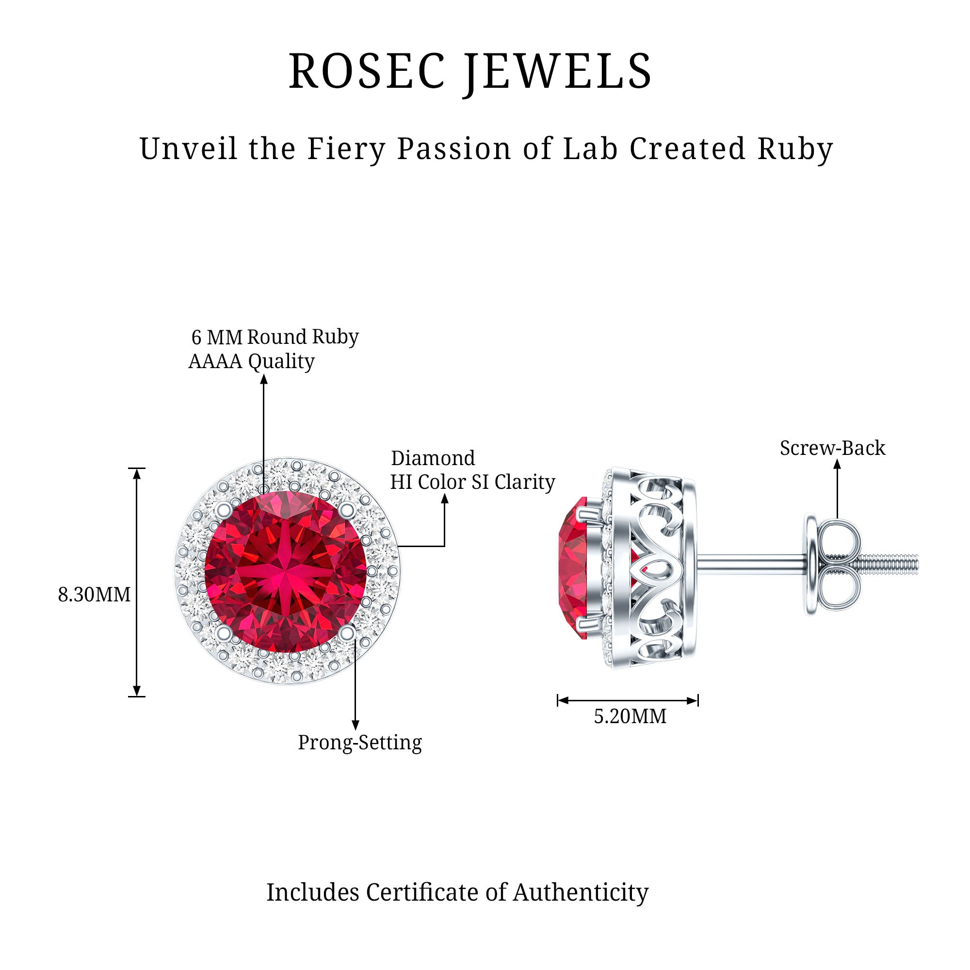 Created Ruby and Diamond Classic Halo Stud Earrings AAAA - Rosec Jewels
