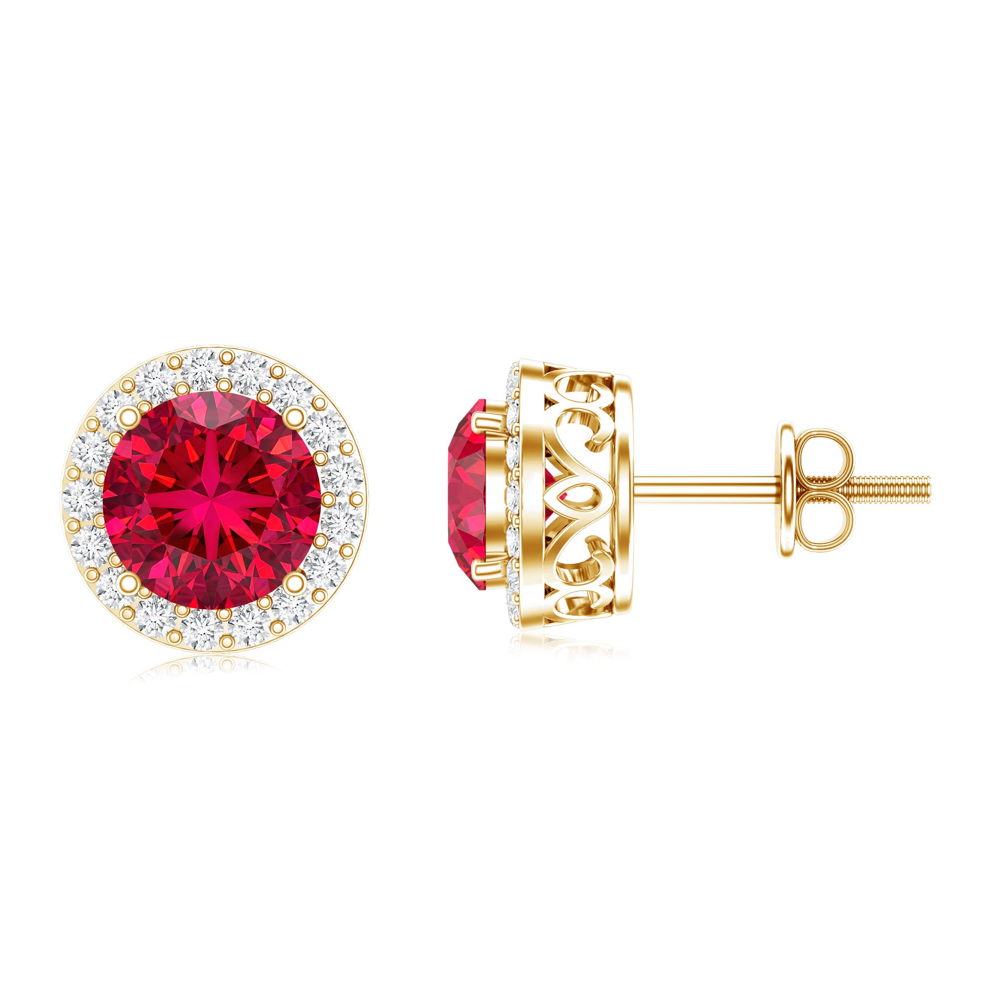 Created Ruby and Diamond Classic Halo Stud Earrings AAAA - Rosec Jewels
