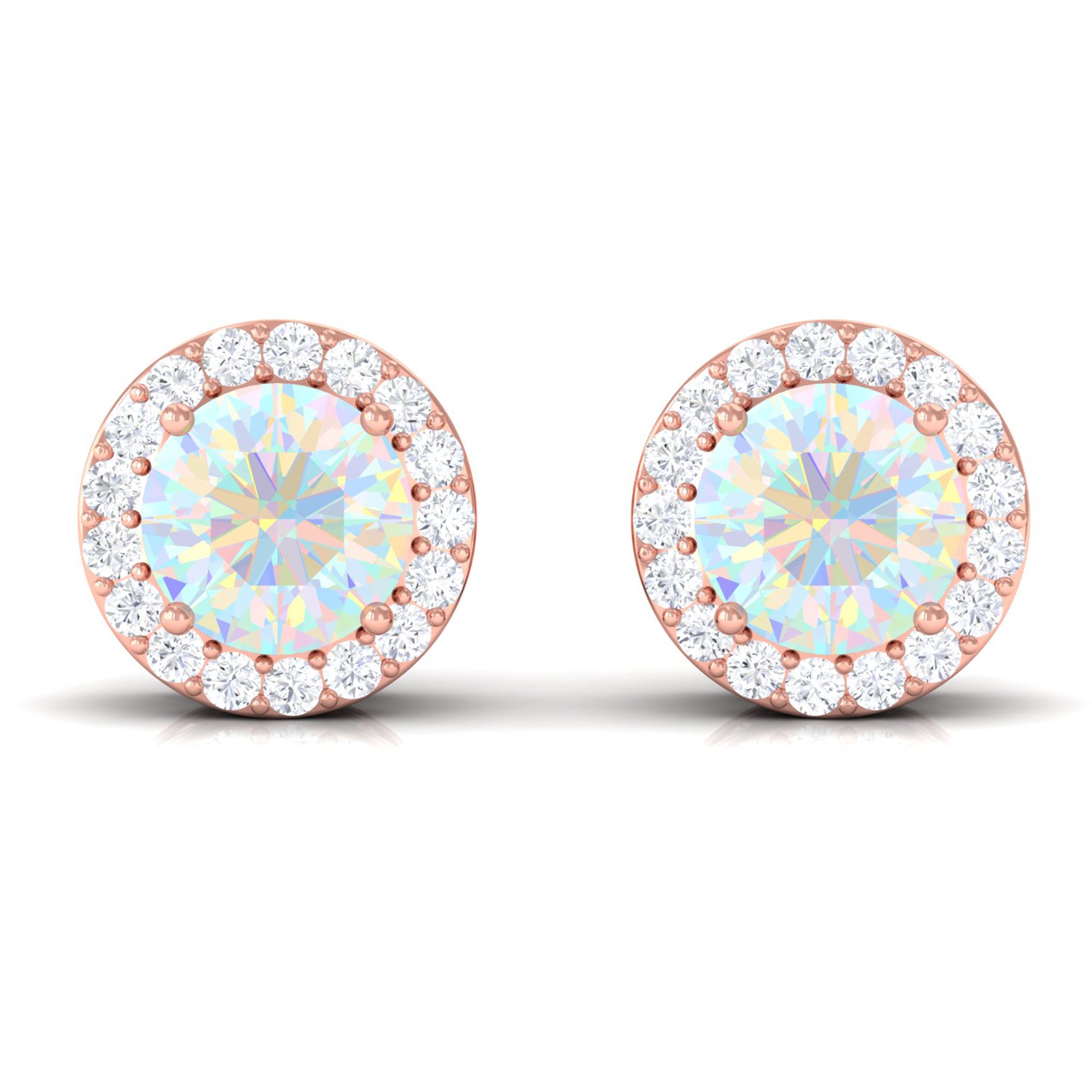 1.6 Carat Round Ethiopian Opal Stud Earrings with Diamond Halo in Prong Setting AAA - Rosec Jewels