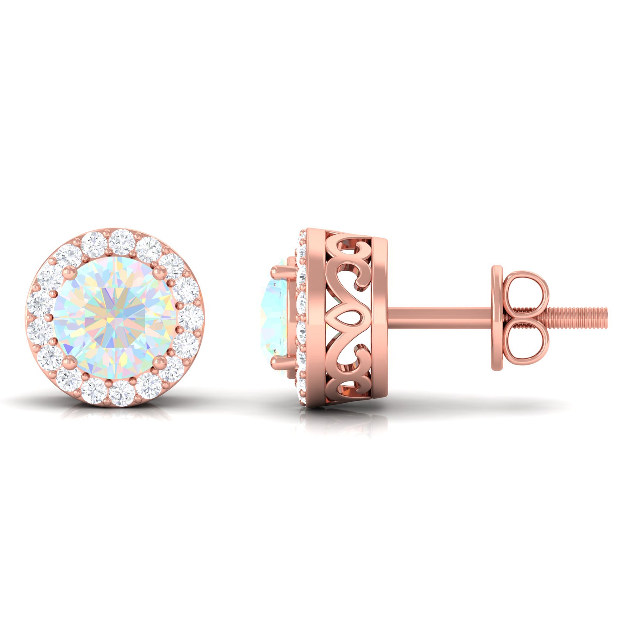 1.6 Carat Round Ethiopian Opal Stud Earrings with Diamond Halo in Prong Setting AAA - Rosec Jewels