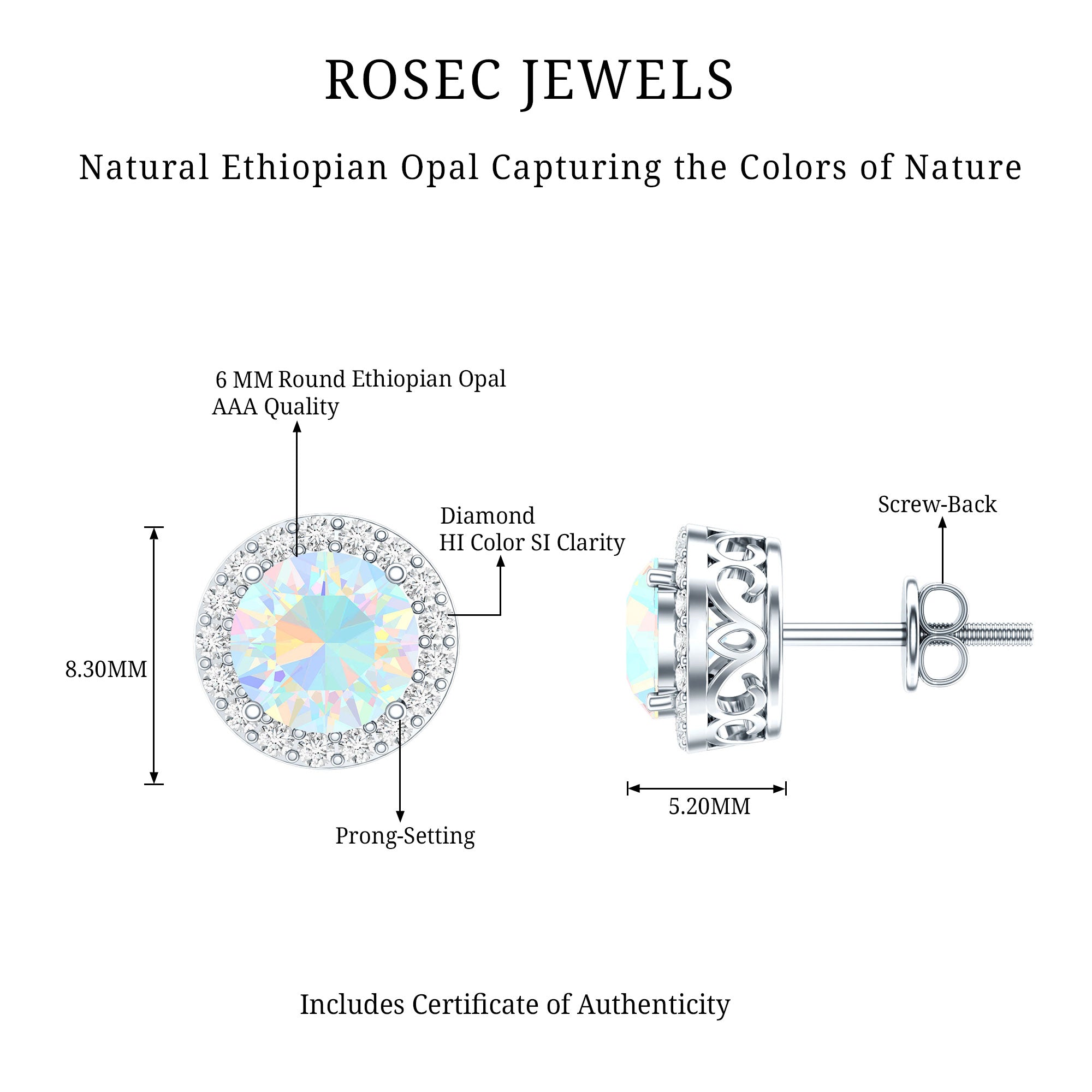 1.6 Carat Round Ethiopian Opal Stud Earrings with Diamond Halo in Prong Setting AAA - Rosec Jewels