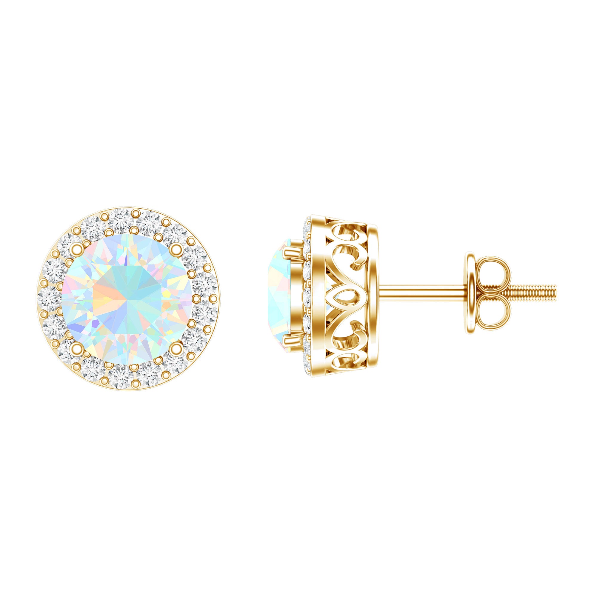 1.6 Carat Round Ethiopian Opal Stud Earrings with Diamond Halo in Prong Setting AAA - Rosec Jewels