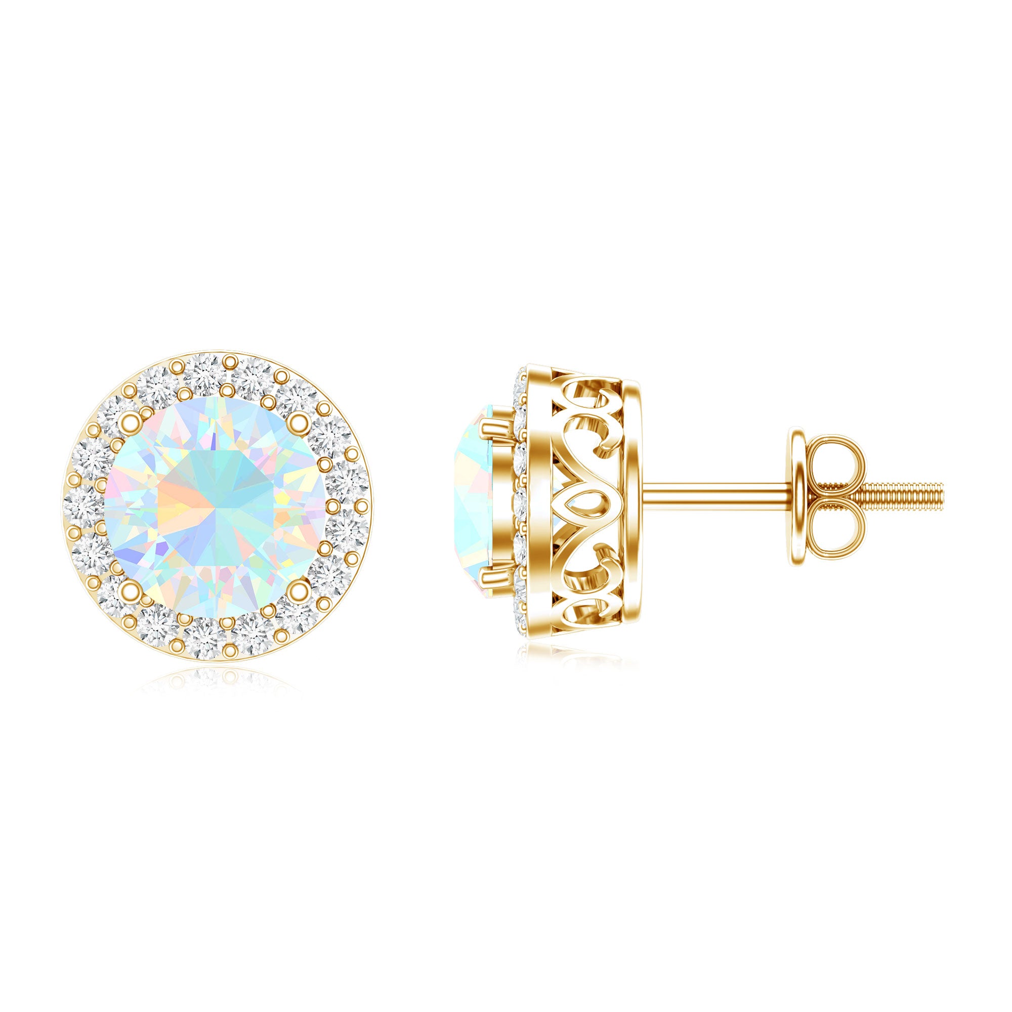 1.6 Carat Round Ethiopian Opal Stud Earrings with Diamond Halo in Prong Setting AAA - Rosec Jewels