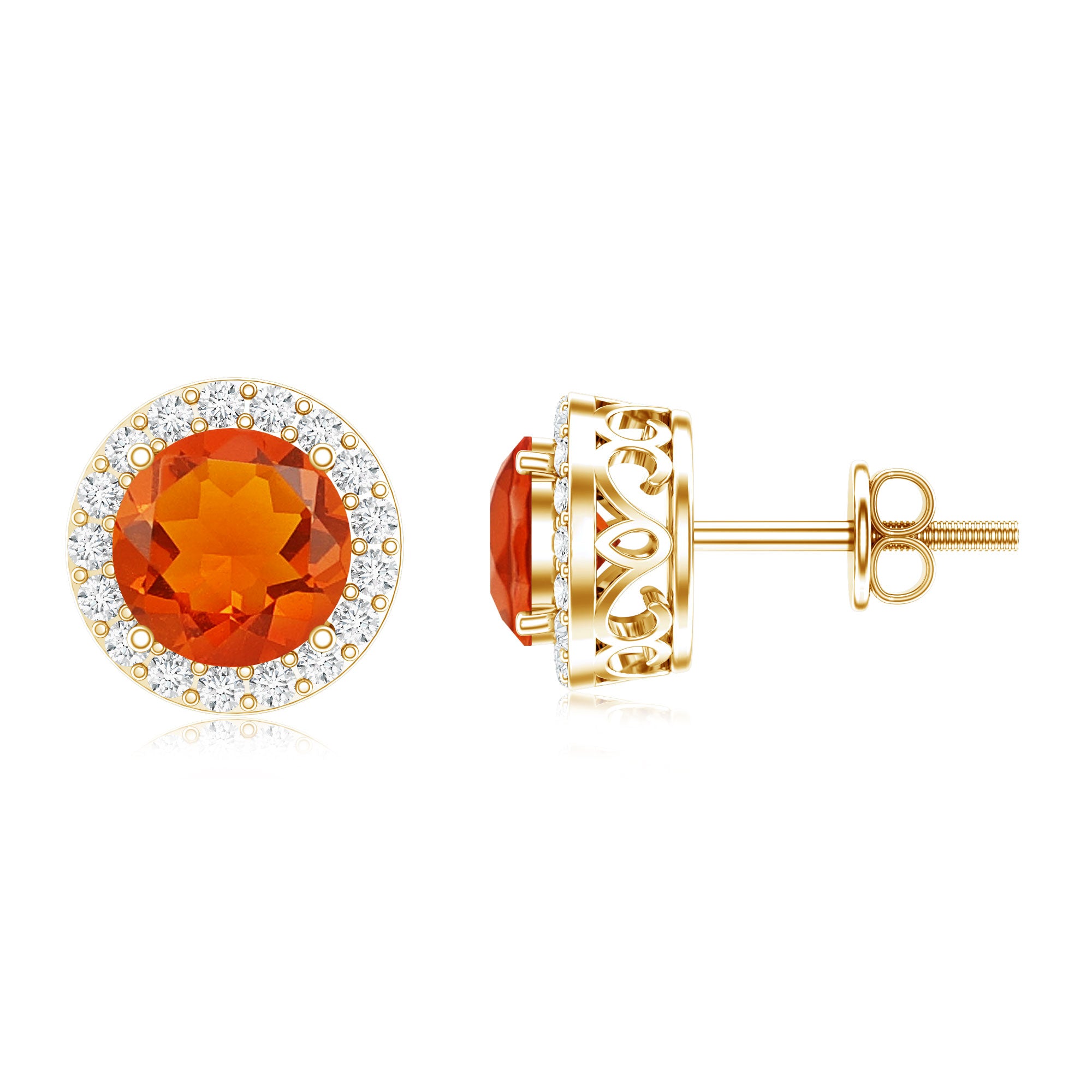 Round Fire Opal Minimal Halo Stud Earrings with Diamond AAA - Rosec Jewels