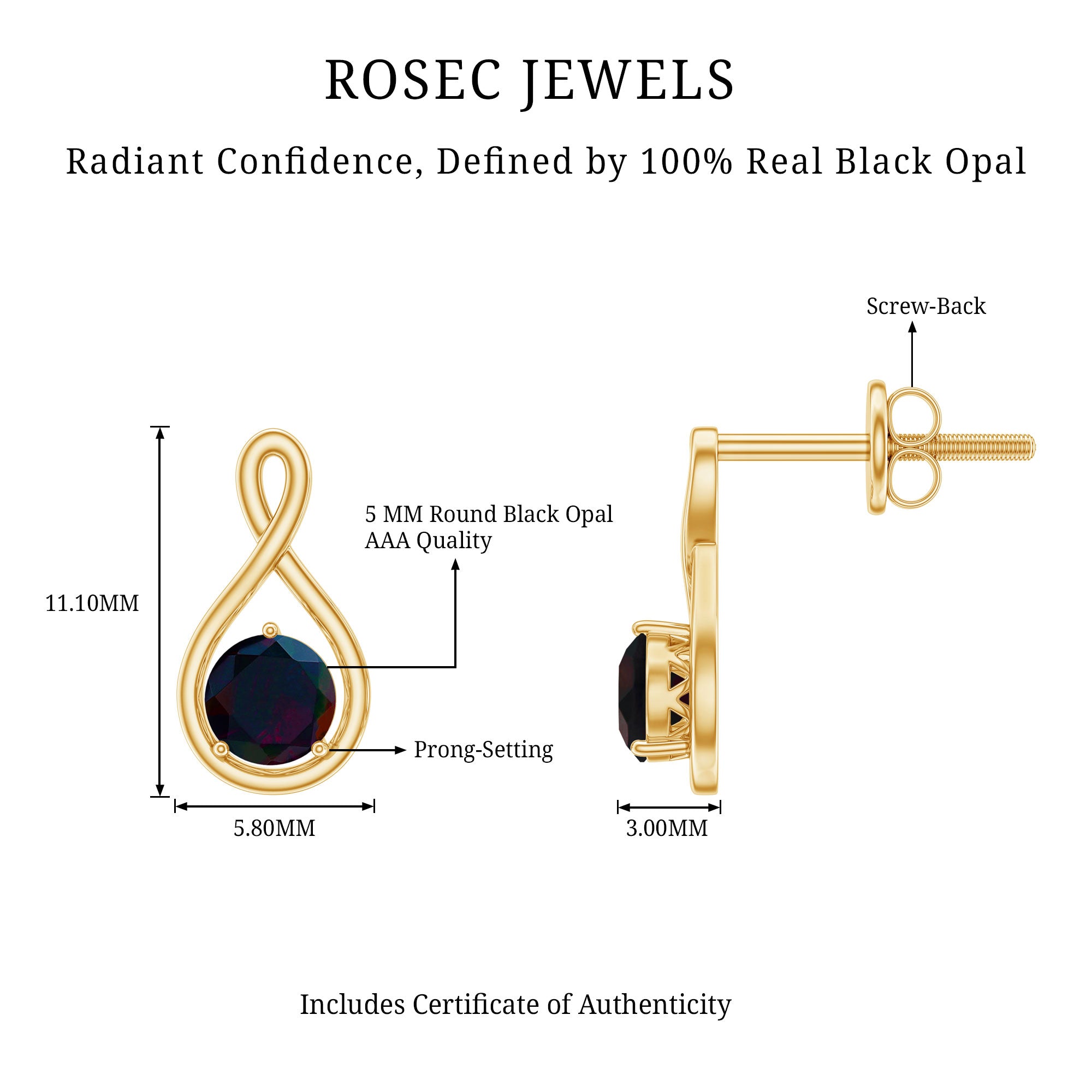 Natural Black Opal Infinity Earrings with Screw Back AAA - Rosec Jewels