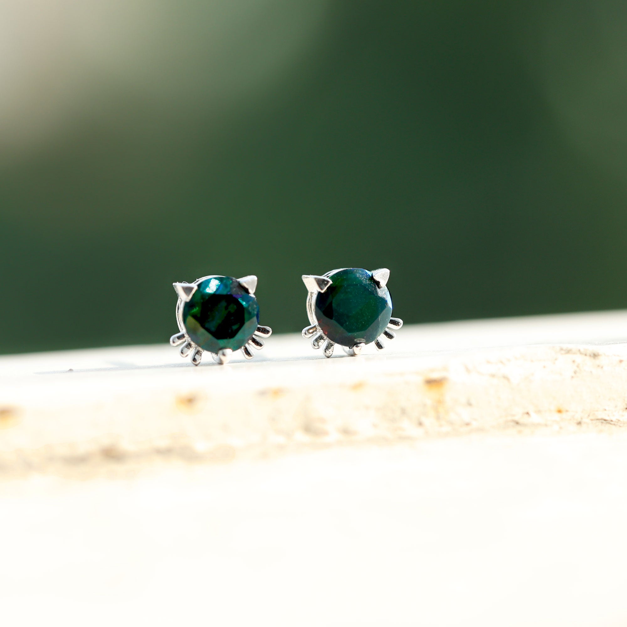 Solitaire Black Opal Cat Stud Earrings with Screw Back AAA - Rosec Jewels