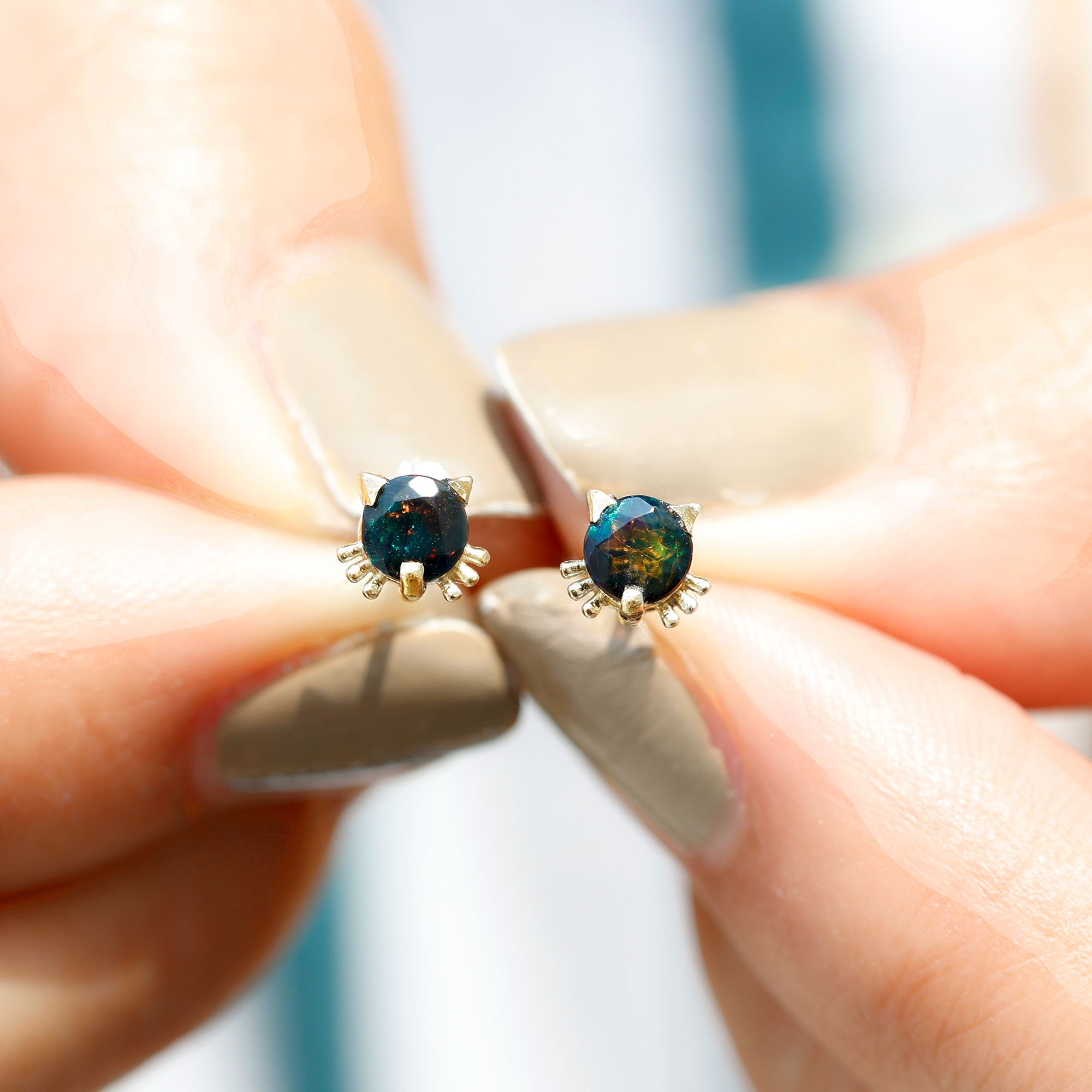 Solitaire Black Opal Cat Stud Earrings with Screw Back AAA - Rosec Jewels