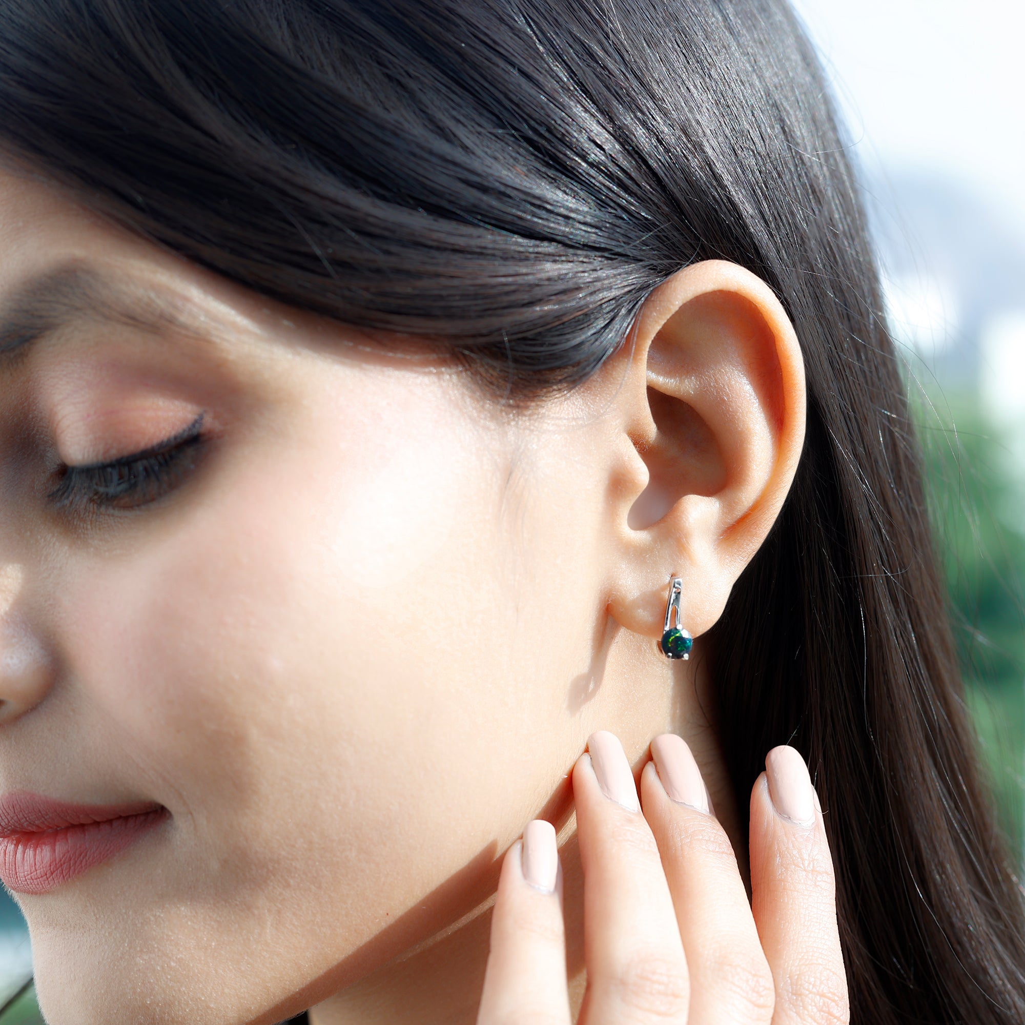 1 Carat Round Cut Black Opal J Hoop Earrings for Women AAA - Rosec Jewels