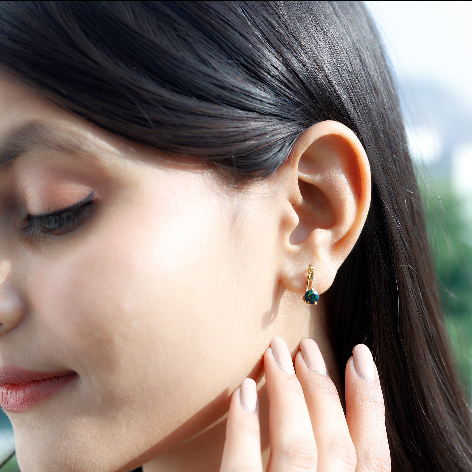 1 Carat Round Cut Black Opal J Hoop Earrings for Women AAA - Rosec Jewels