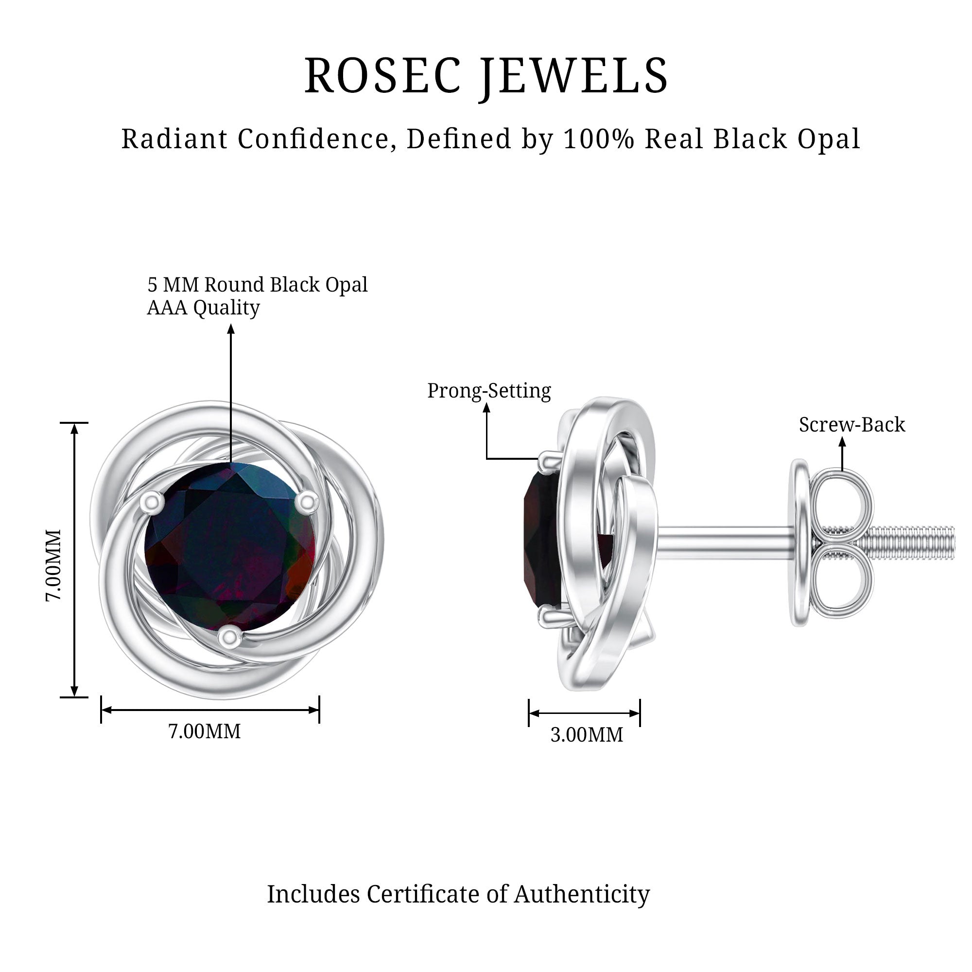 Natural Black Opal Solitaire Swirl Stud Earrings AAA - Rosec Jewels