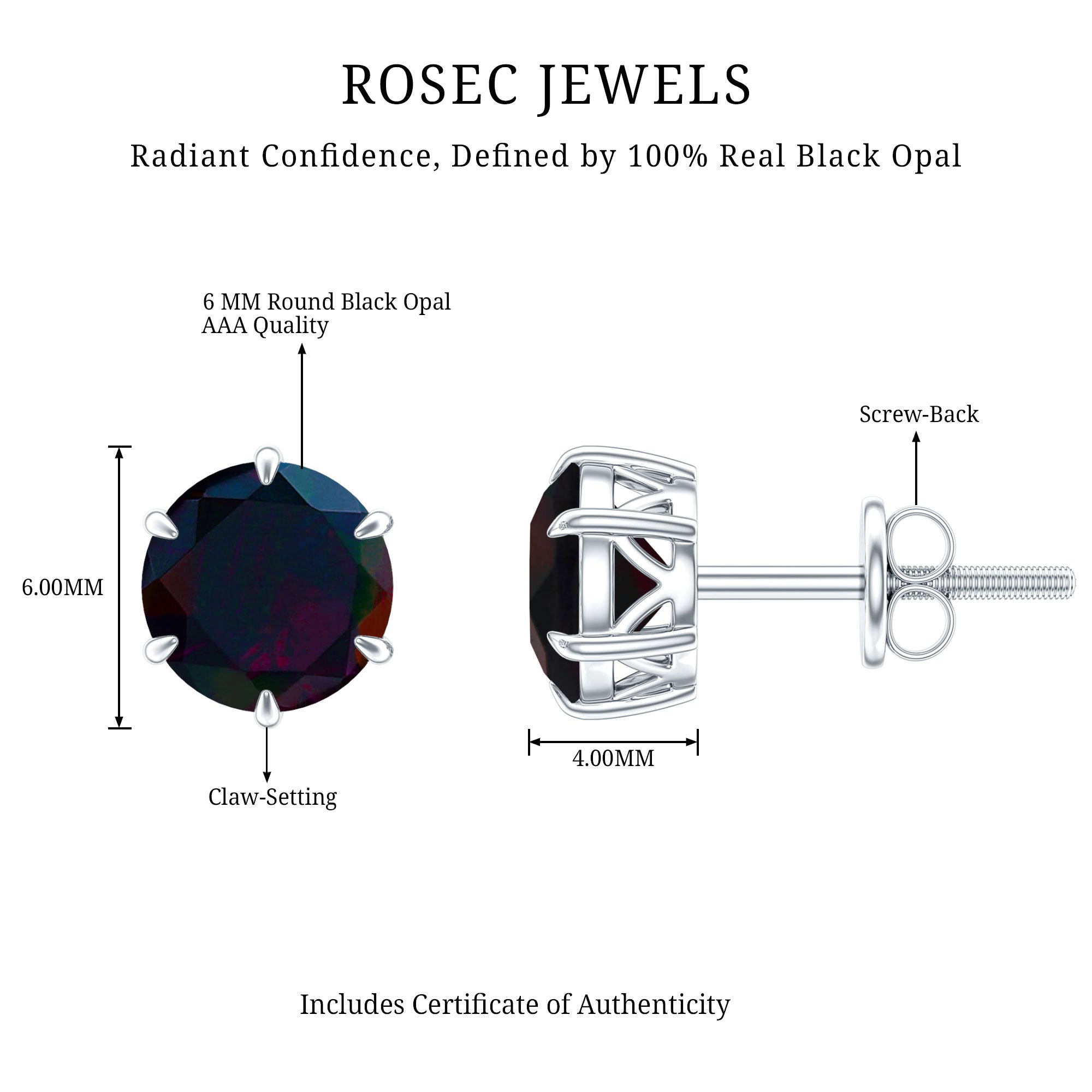 6 MM Claw Set Black Opal Solitaire Stud earrings AAA - Rosec Jewels