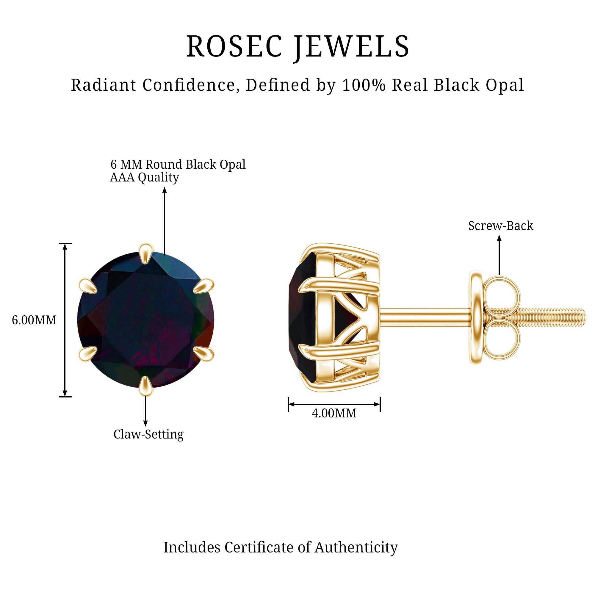 6 MM Claw Set Black Opal Solitaire Stud earrings AAA - Rosec Jewels