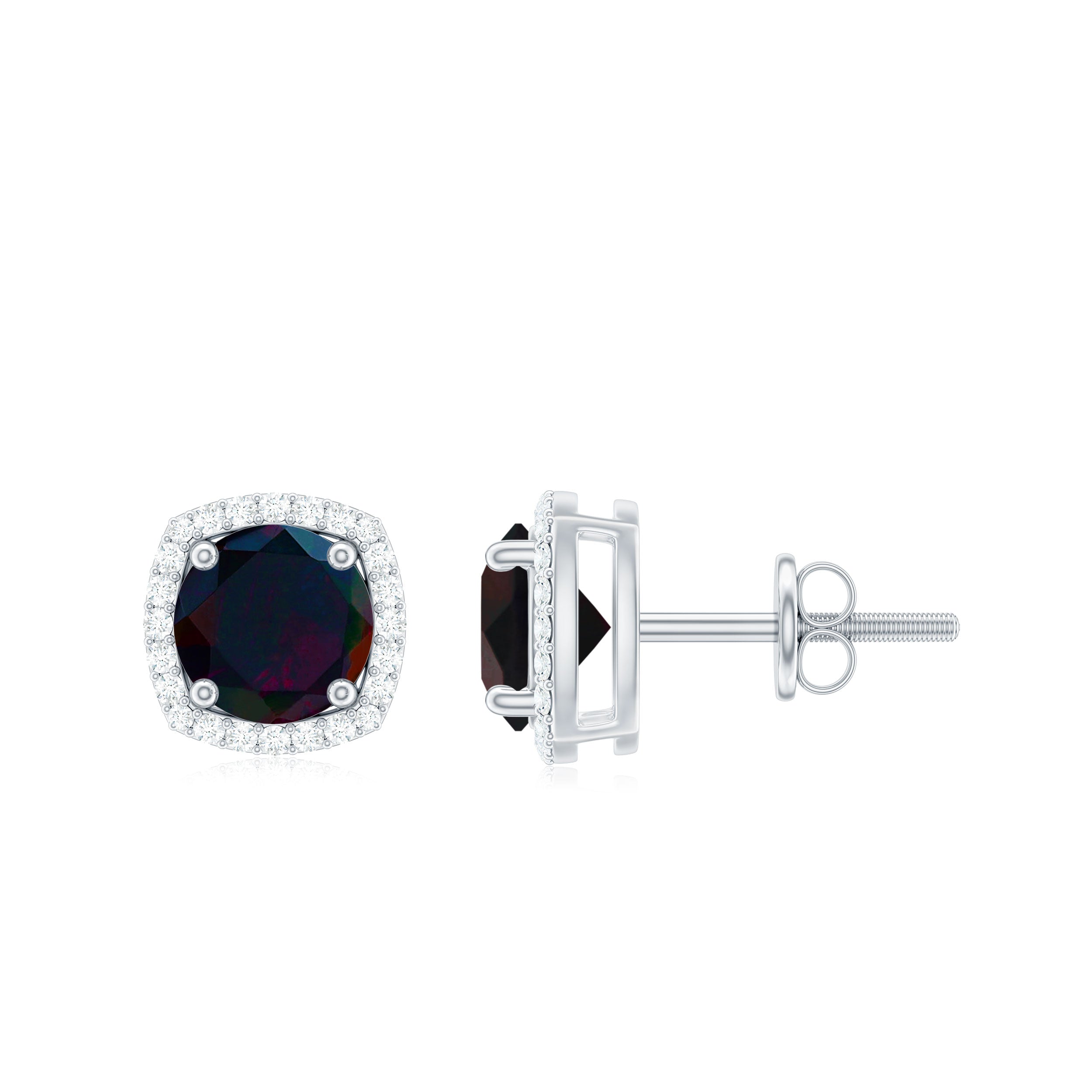 1.75 CT Round Shape Black Opal Stud Earrings with Moissanite Halo