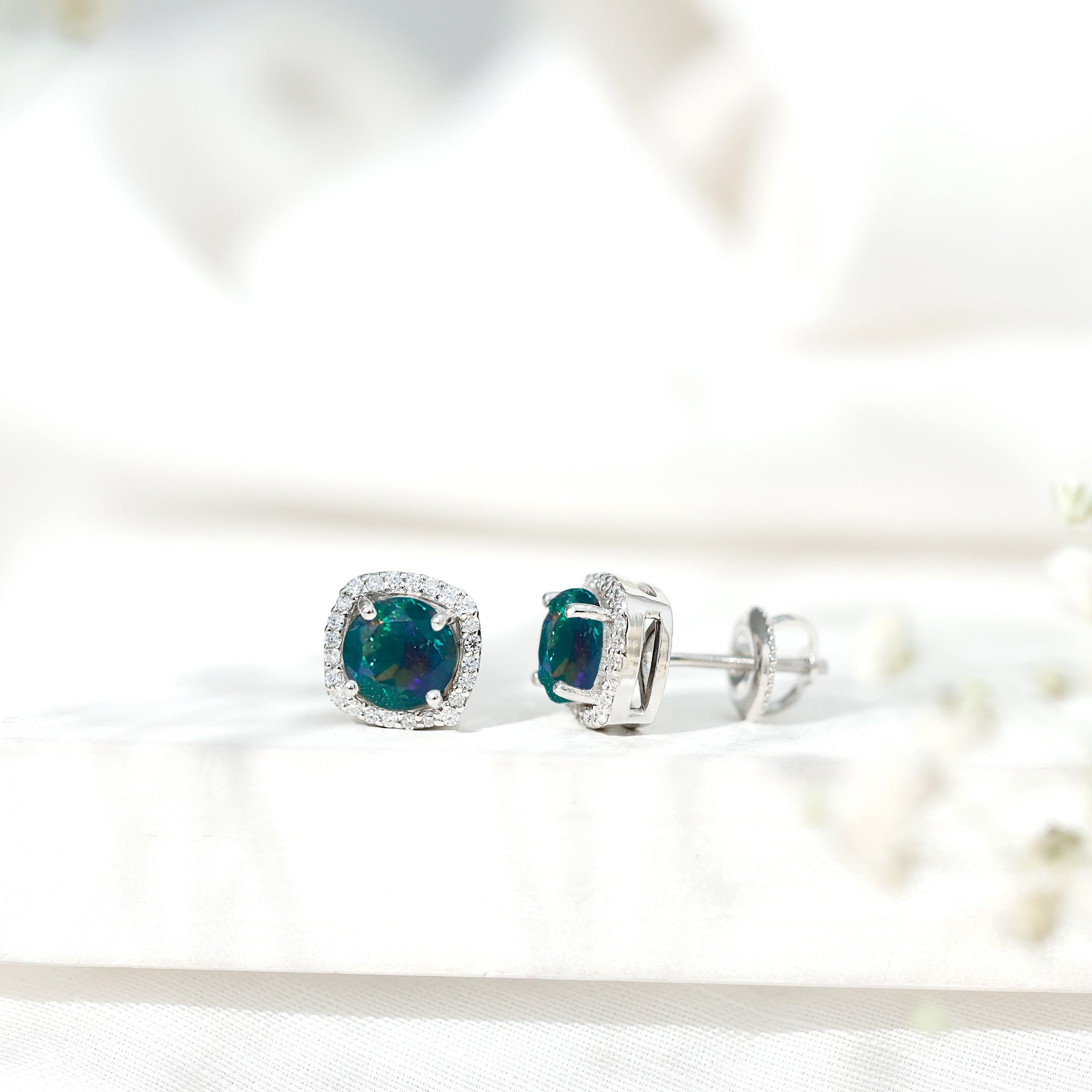 Round Shape Black Opal Stud Earrings with Moissanite Halo AAA - Rosec Jewels