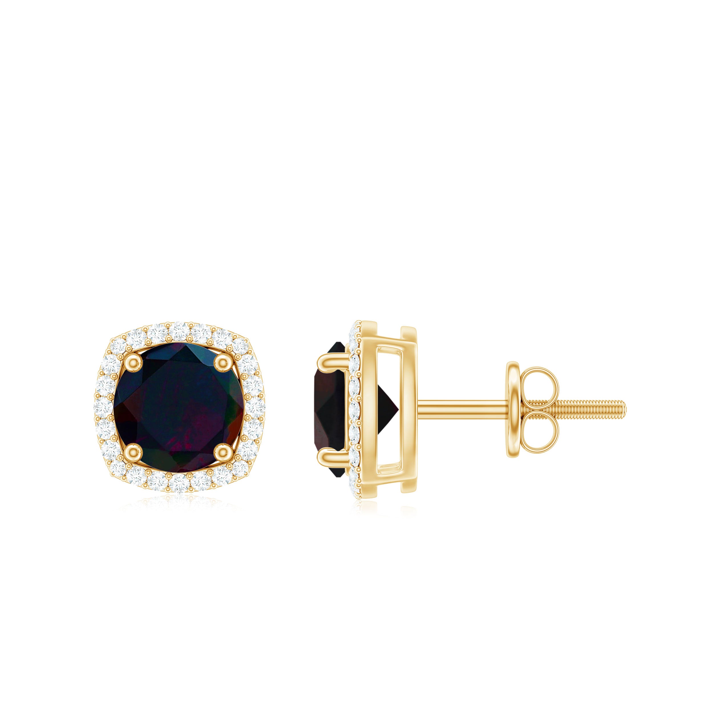 Round Shape Black Opal Stud Earrings with Moissanite Halo AAA - Rosec Jewels