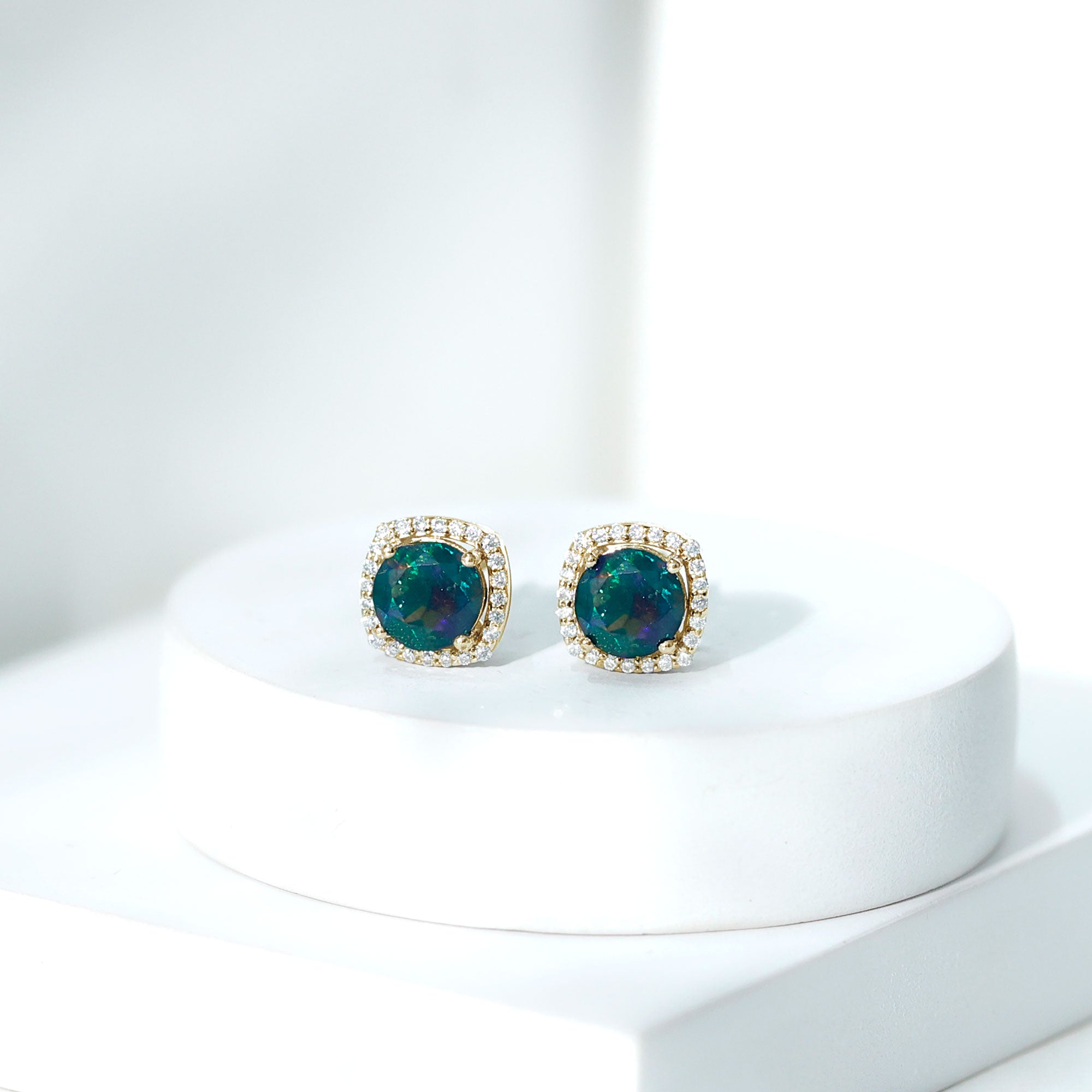 Round Shape Black Opal Stud Earrings with Moissanite Halo AAA - Rosec Jewels