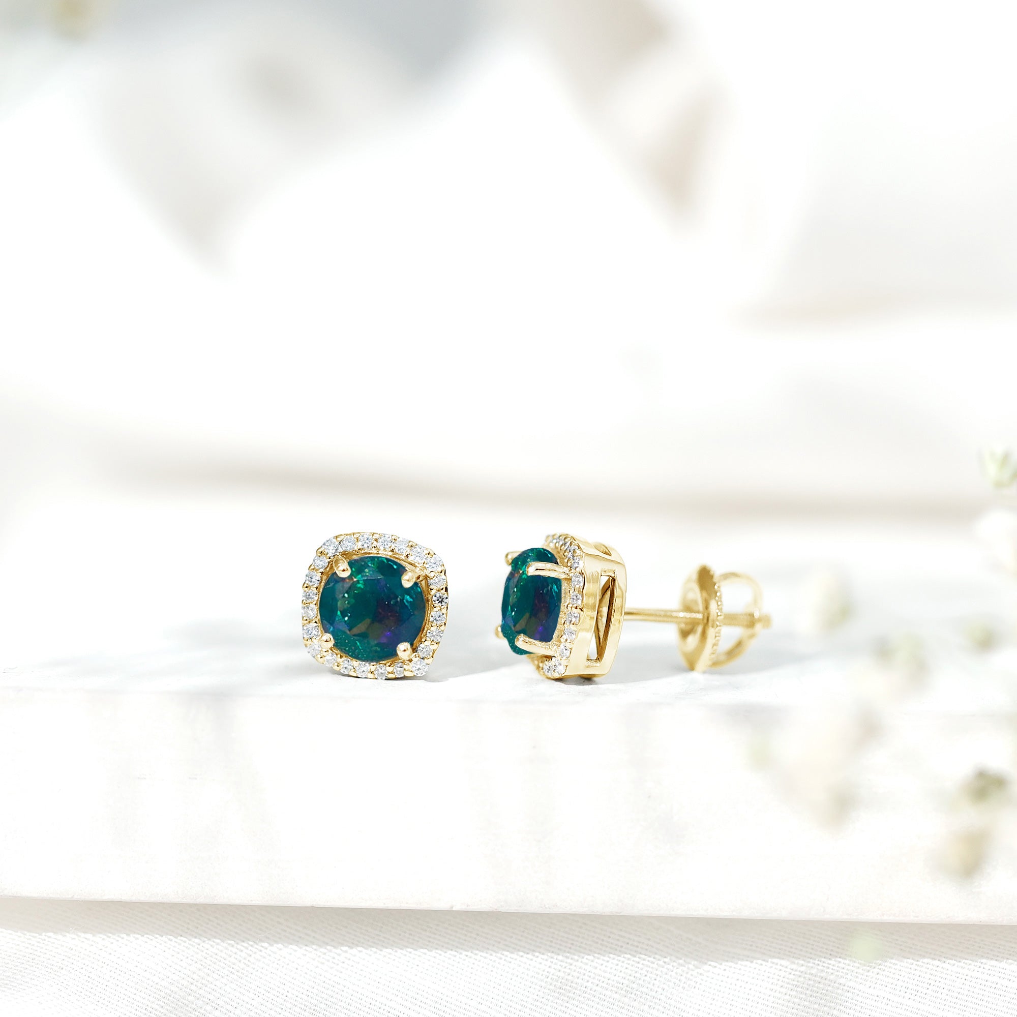 Round Shape Black Opal Stud Earrings with Moissanite Halo AAA - Rosec Jewels