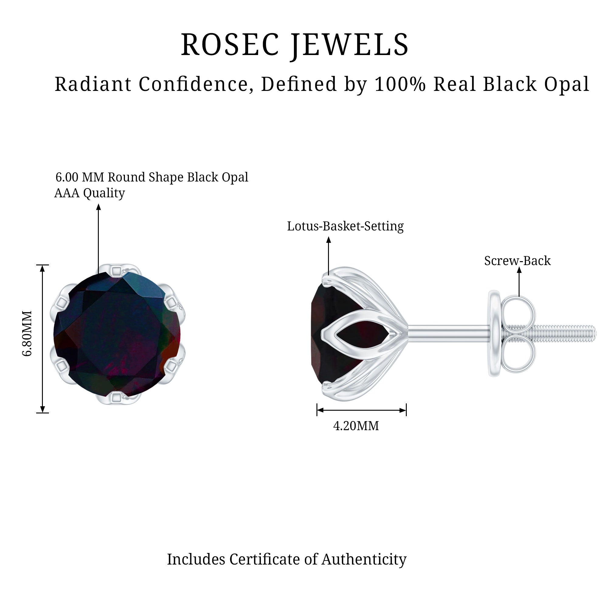 1.6 Carat Round Shape Black Opal Solitaire Stud Earrings AAA - Rosec Jewels
