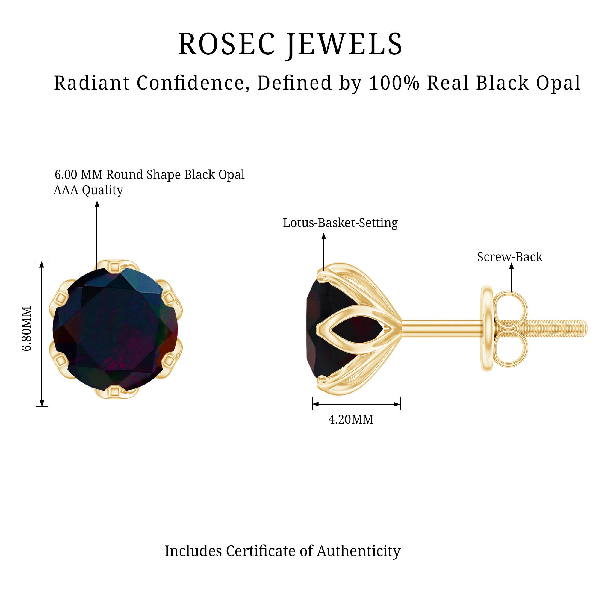 1.6 Carat Round Shape Black Opal Solitaire Stud Earrings AAA - Rosec Jewels