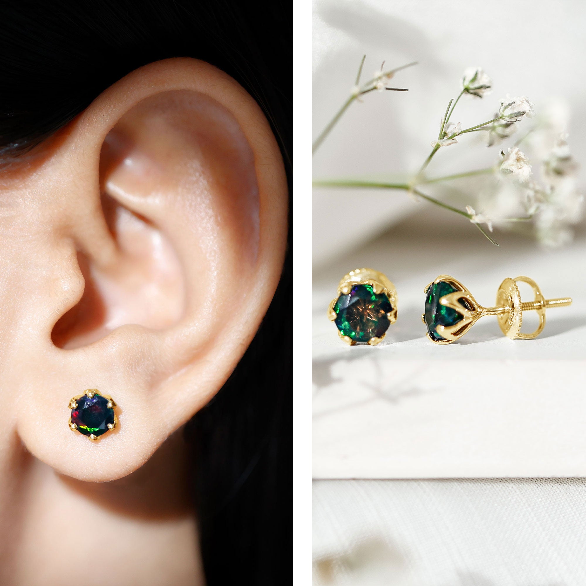 1.6 Carat Round Shape Black Opal Solitaire Stud Earrings AAA - Rosec Jewels