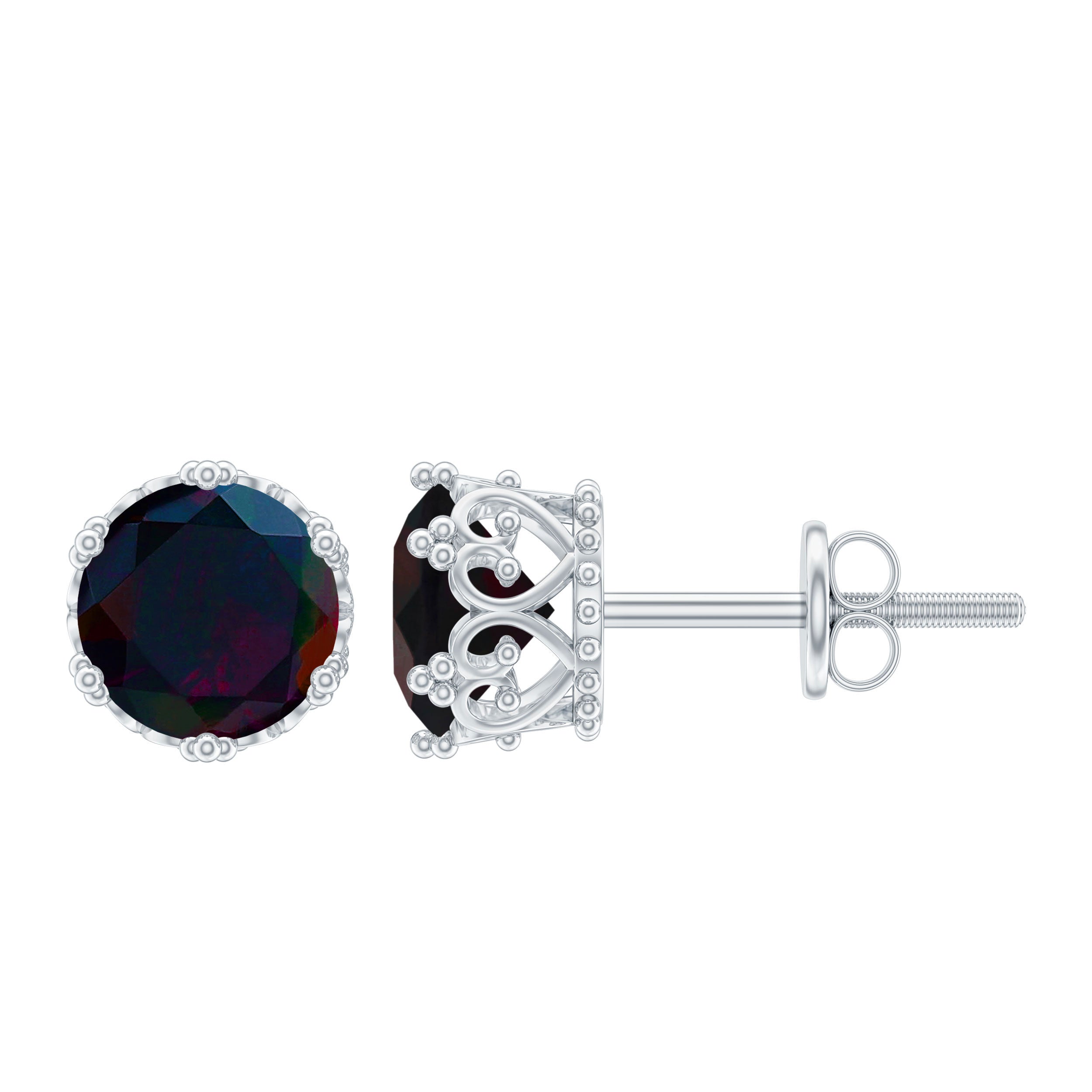 Natural Black Opal Crown Stud Earrings with Screw Back