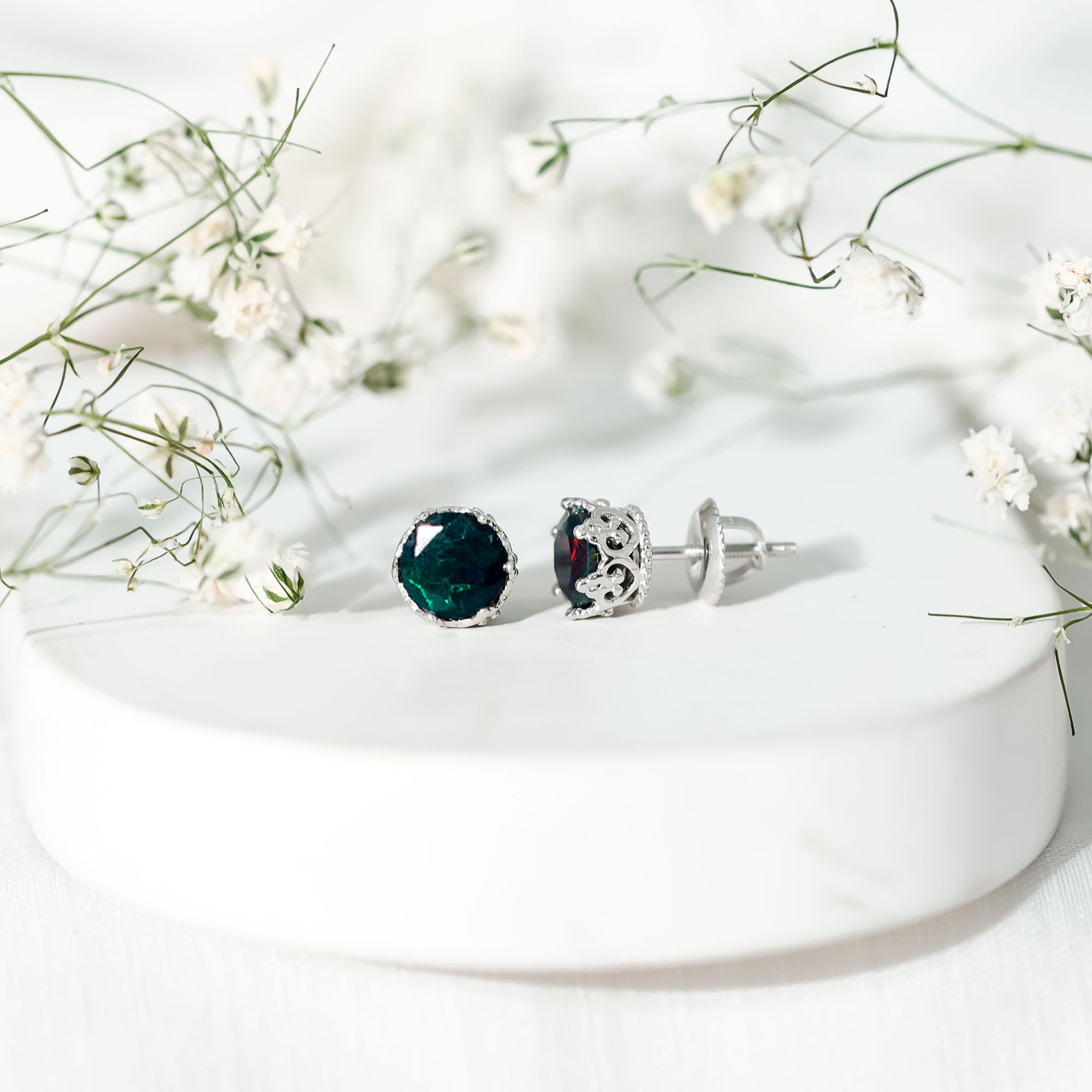 Natural Black Opal Crown Stud Earrings with Screw Back AAA - Rosec Jewels