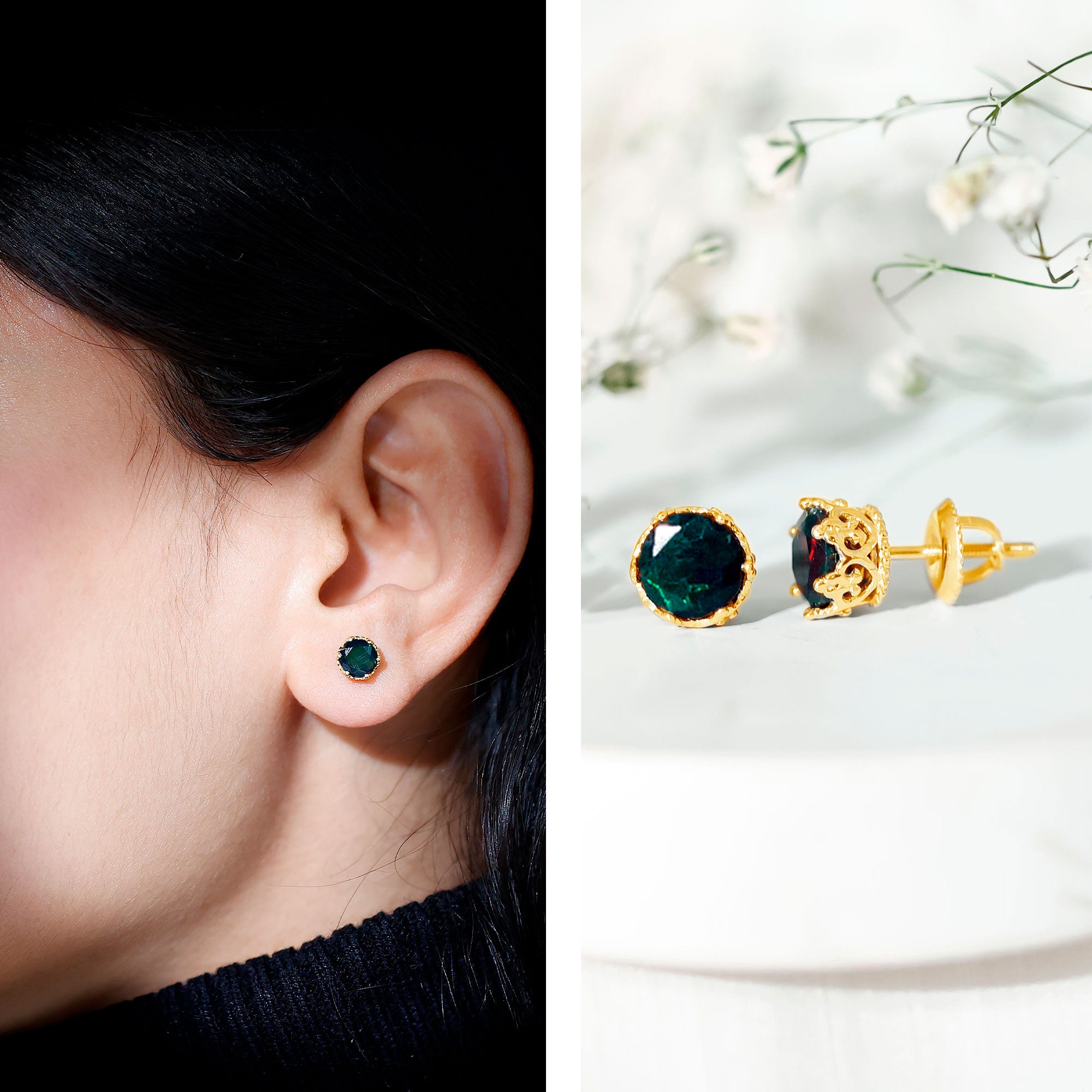 Natural Black Opal Crown Stud Earrings with Screw Back AAA - Rosec Jewels