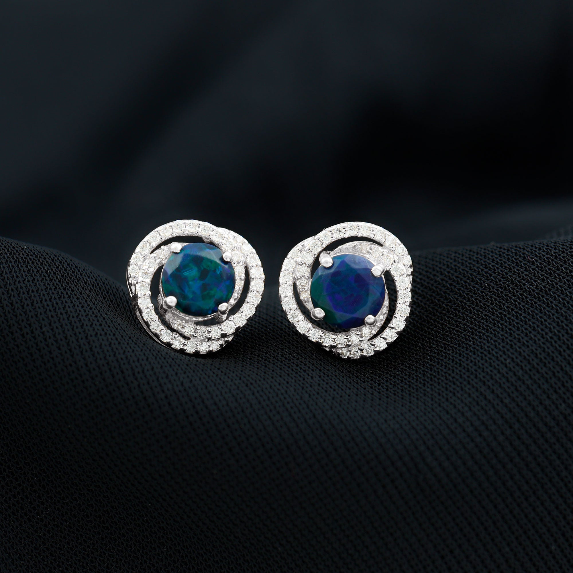 2 CT Black Opal Swirl Stud Earrings with Certificate AAA - Rosec Jewels