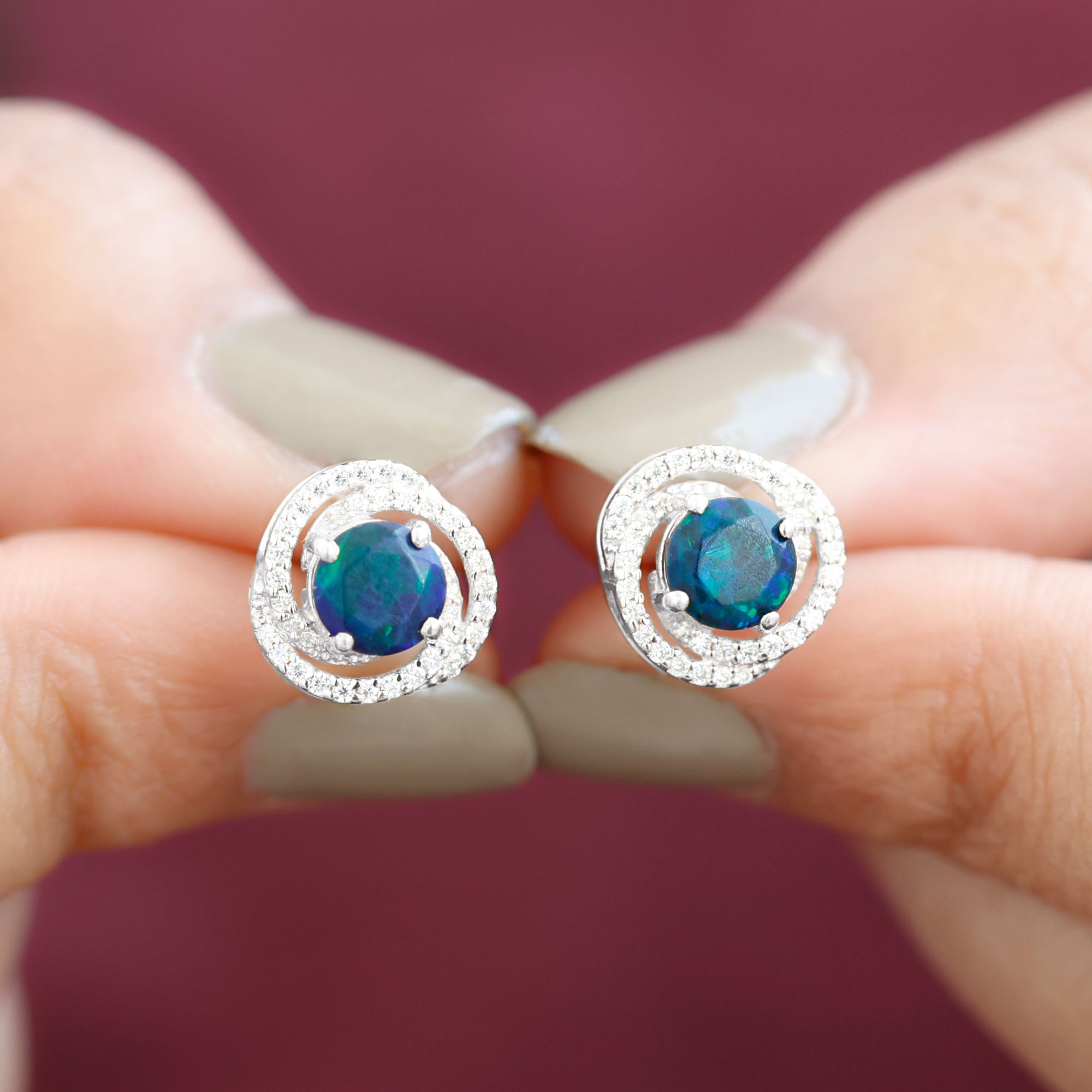 2 CT Black Opal Swirl Stud Earrings with Certificate AAA - Rosec Jewels