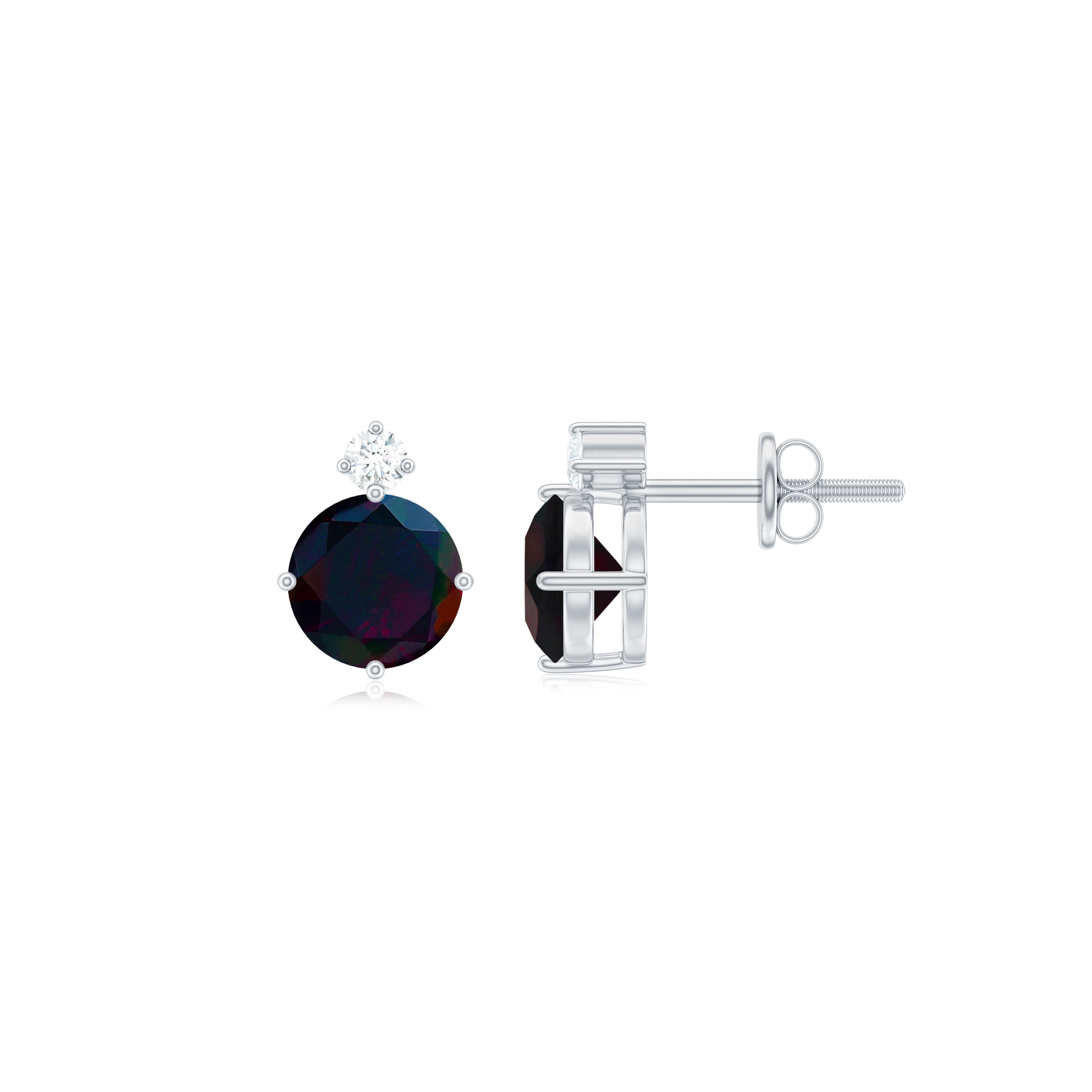 Round Black Opal Solitaire Stud Earrings with Dainty Moissanite AAA - Rosec Jewels