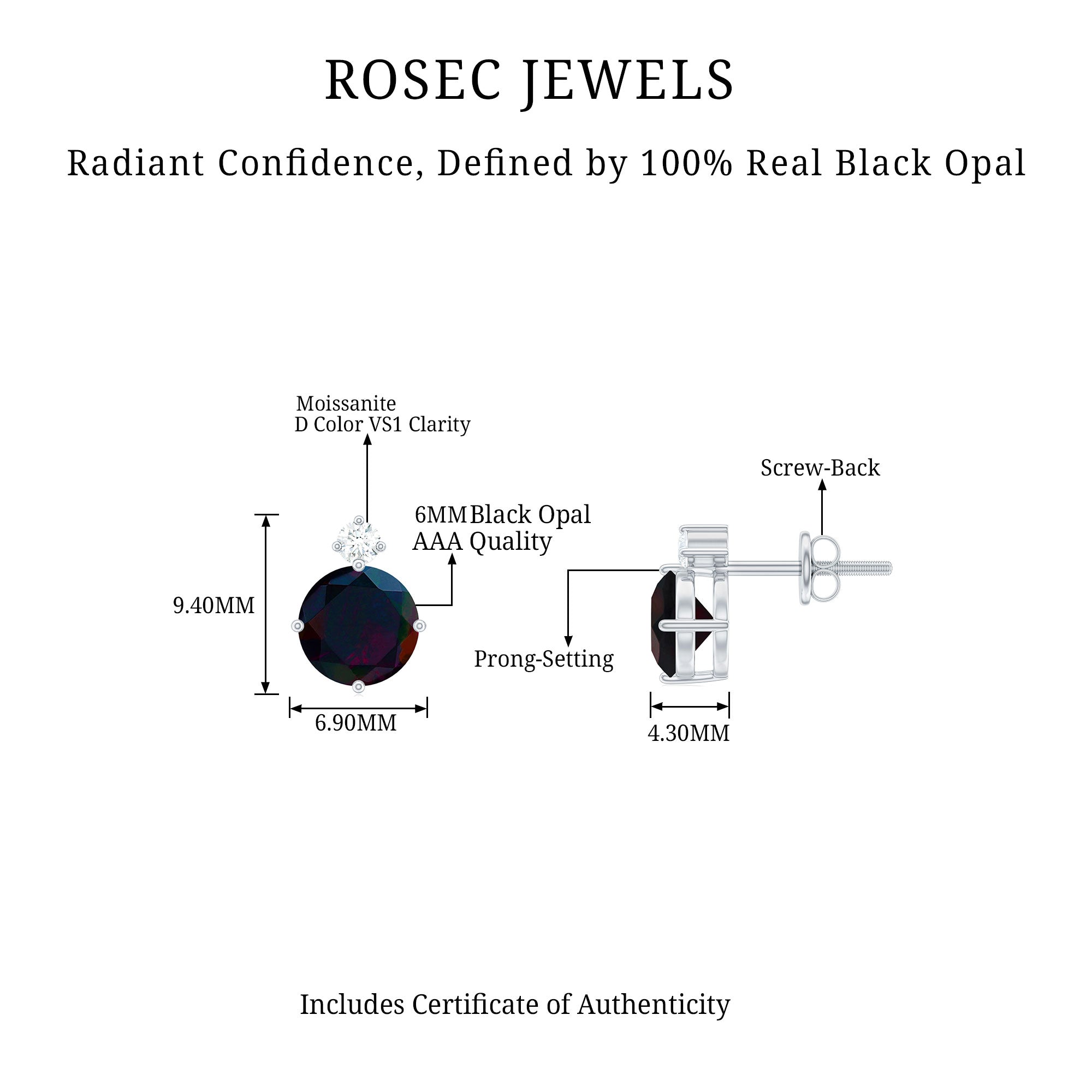 Round Black Opal Solitaire Stud Earrings with Dainty Moissanite AAA - Rosec Jewels