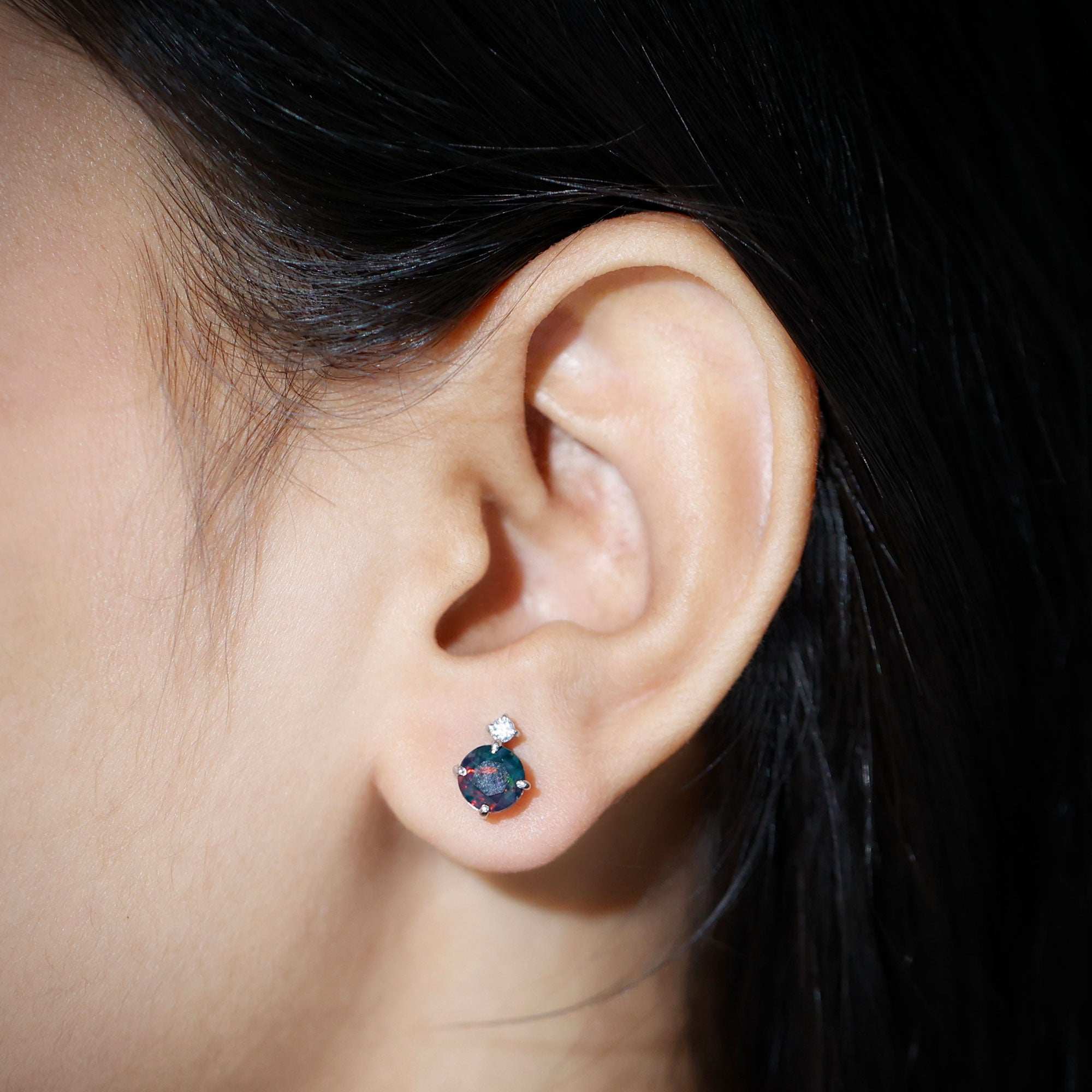 Round Black Opal Solitaire Stud Earrings with Dainty Moissanite AAA - Rosec Jewels