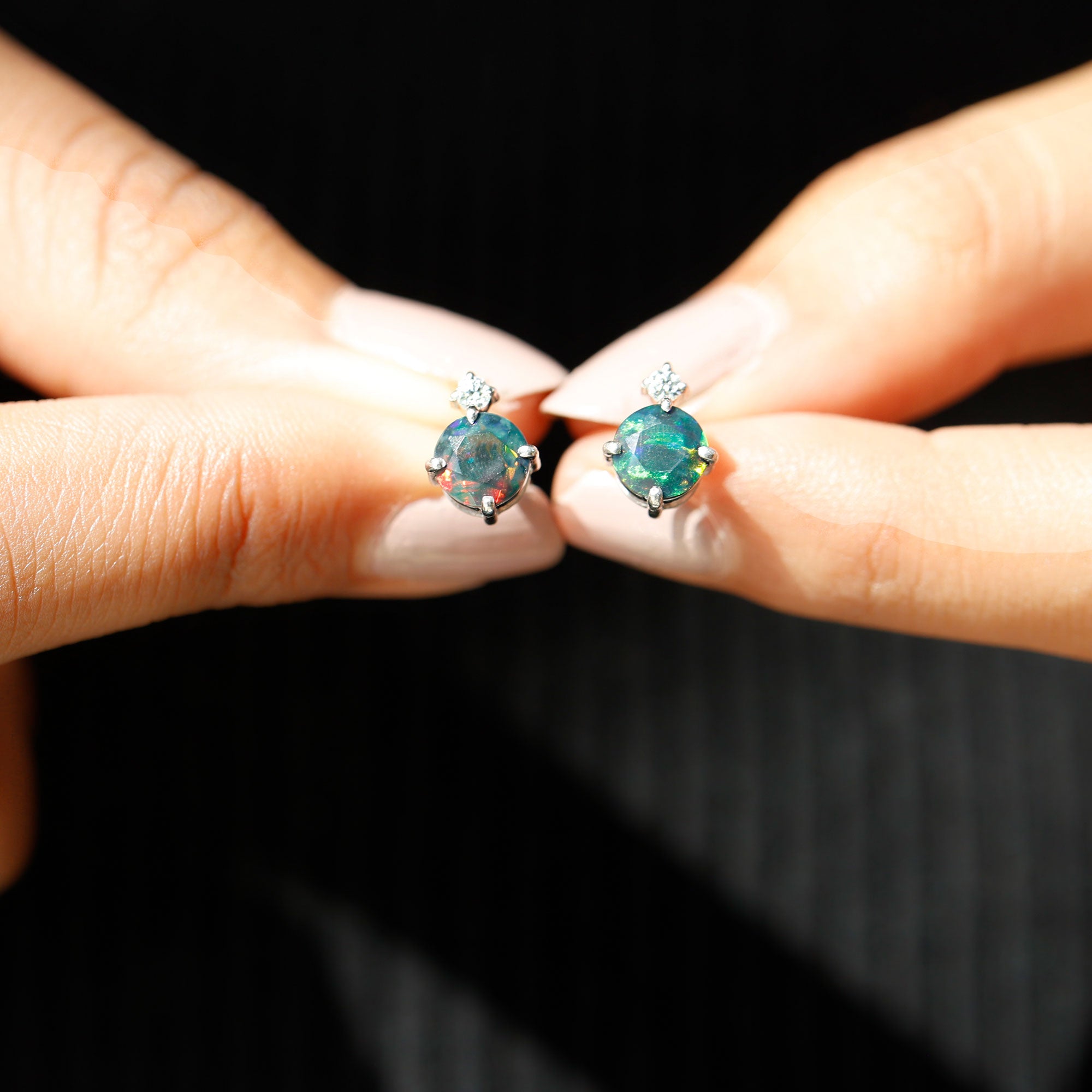 Round Black Opal Solitaire Stud Earrings with Dainty Moissanite AAA - Rosec Jewels