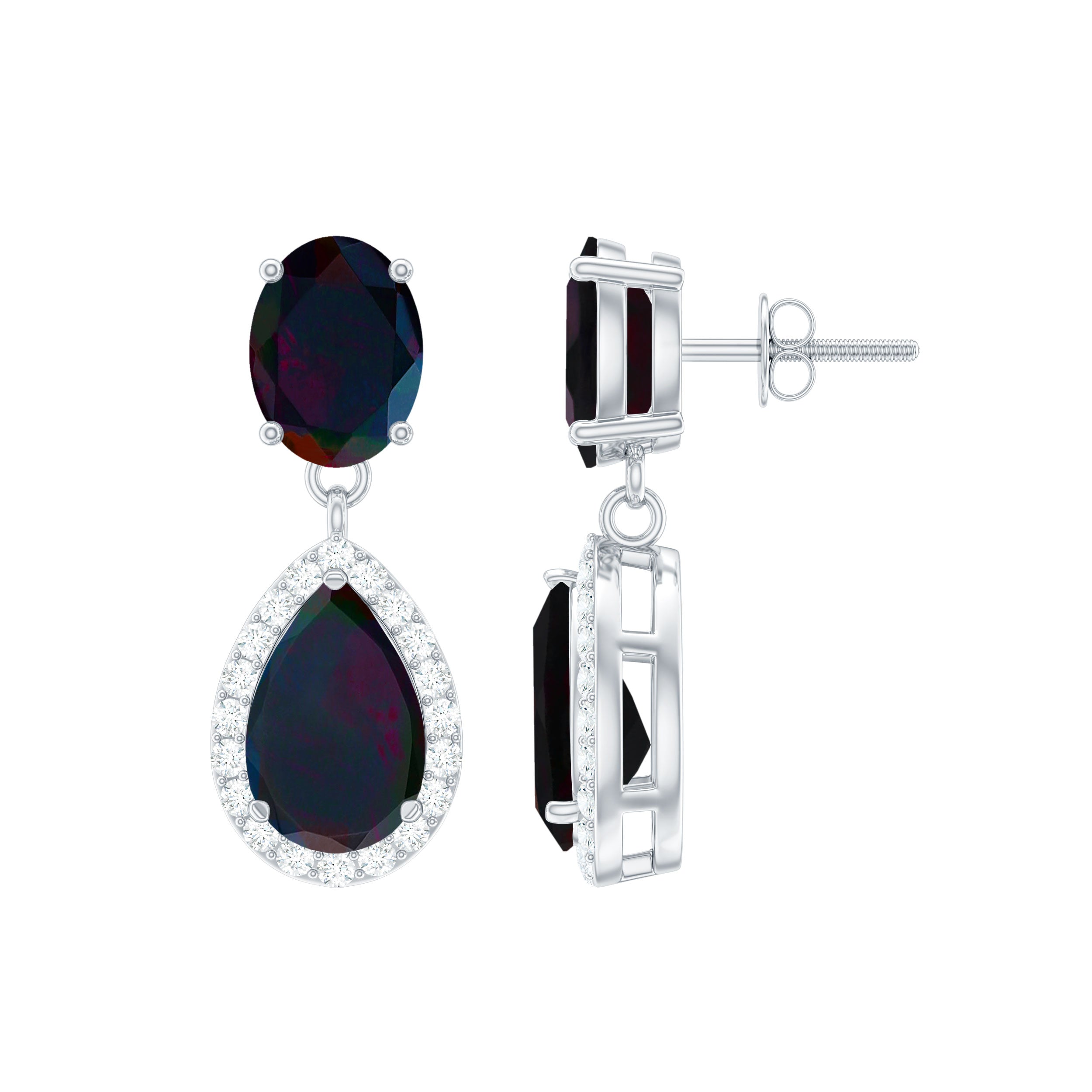 Oval and Pear Shape Black Opal Drop Earrings with Diamond AAA - Rosec Jewels