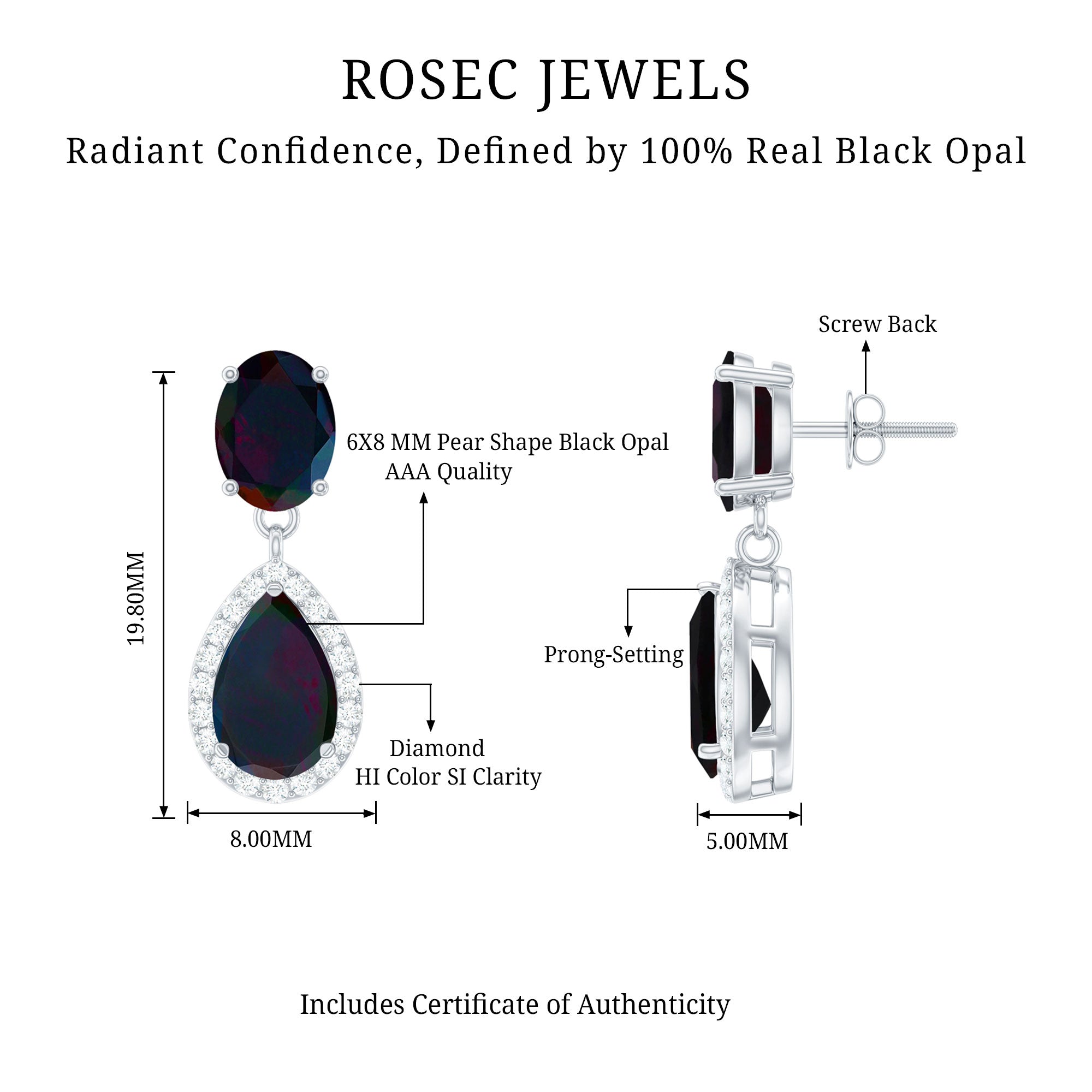 Oval and Pear Shape Black Opal Drop Earrings with Diamond AAA - Rosec Jewels