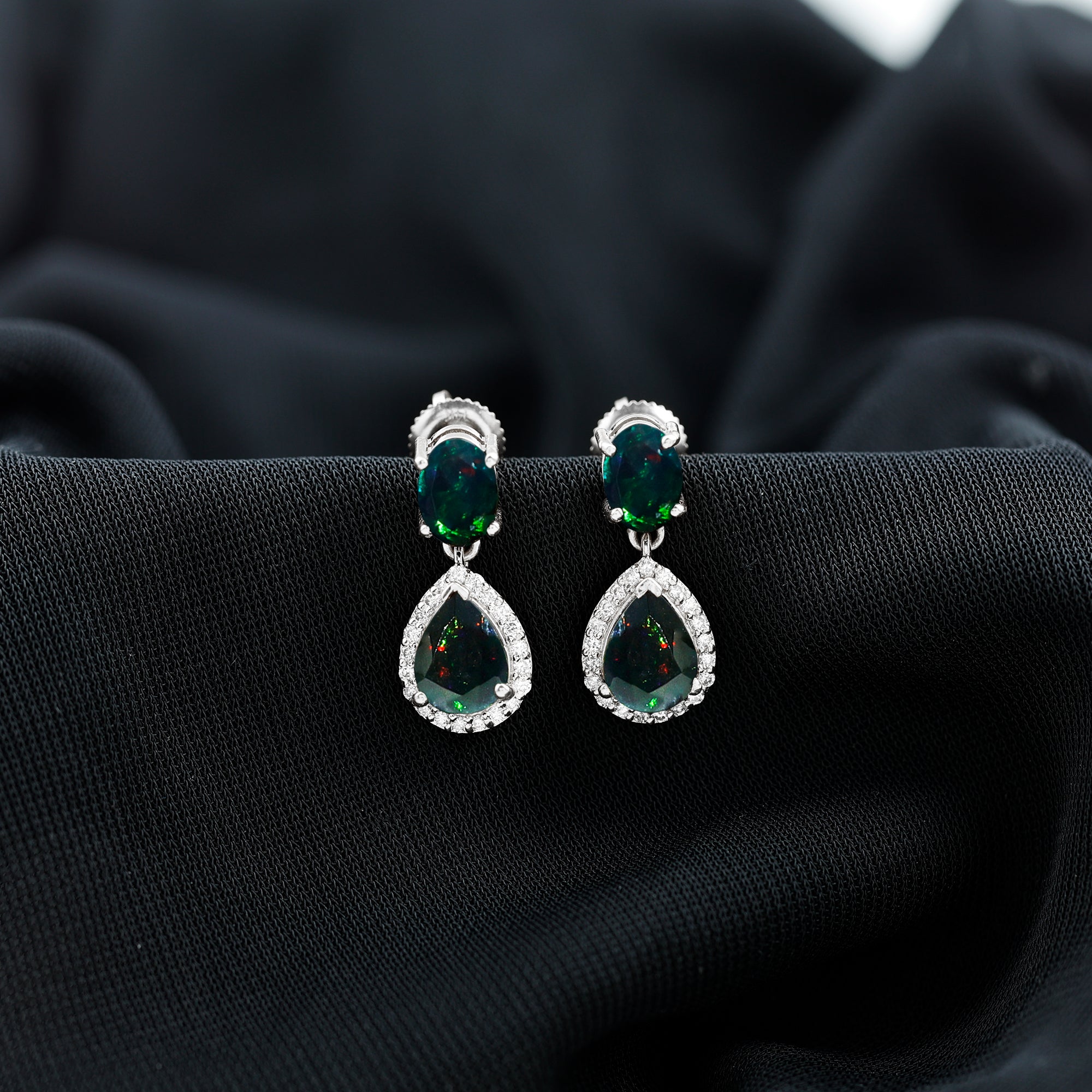 Oval and Pear Shape Black Opal Drop Earrings with Diamond AAA - Rosec Jewels