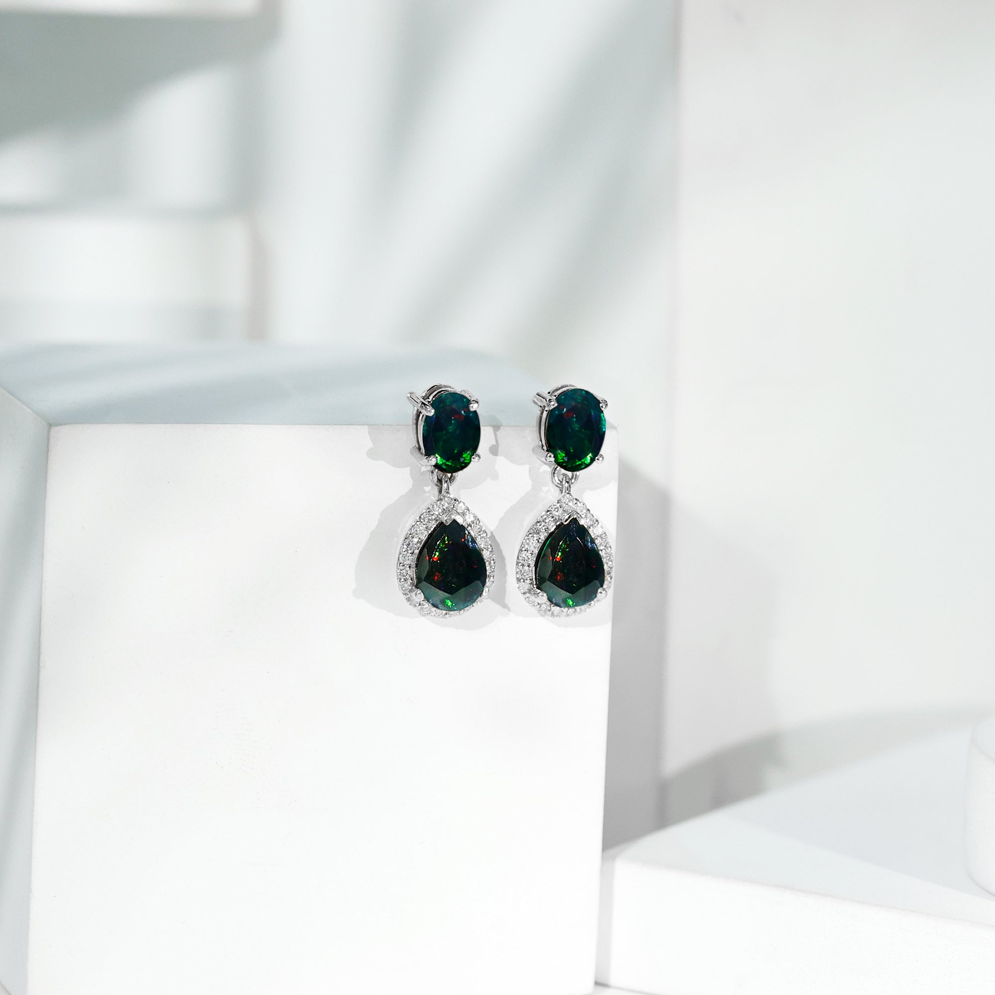 Oval and Pear Shape Black Opal Drop Earrings with Diamond AAA - Rosec Jewels