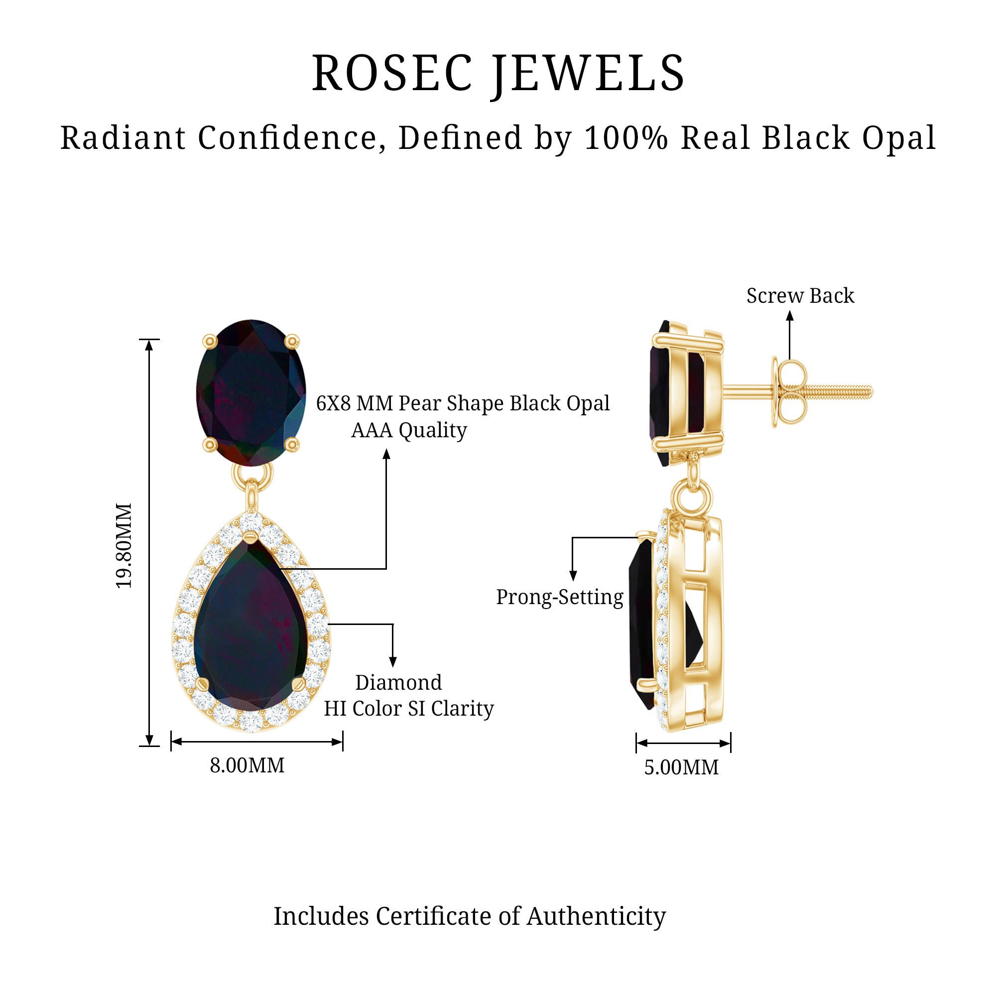 Oval and Pear Shape Black Opal Drop Earrings with Diamond AAA - Rosec Jewels