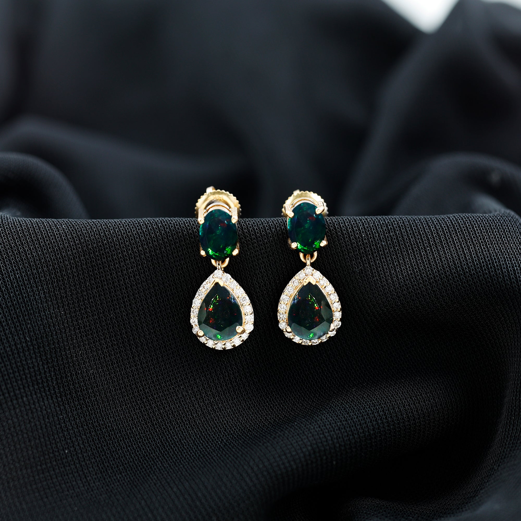 Oval and Pear Shape Black Opal Drop Earrings with Diamond AAA - Rosec Jewels