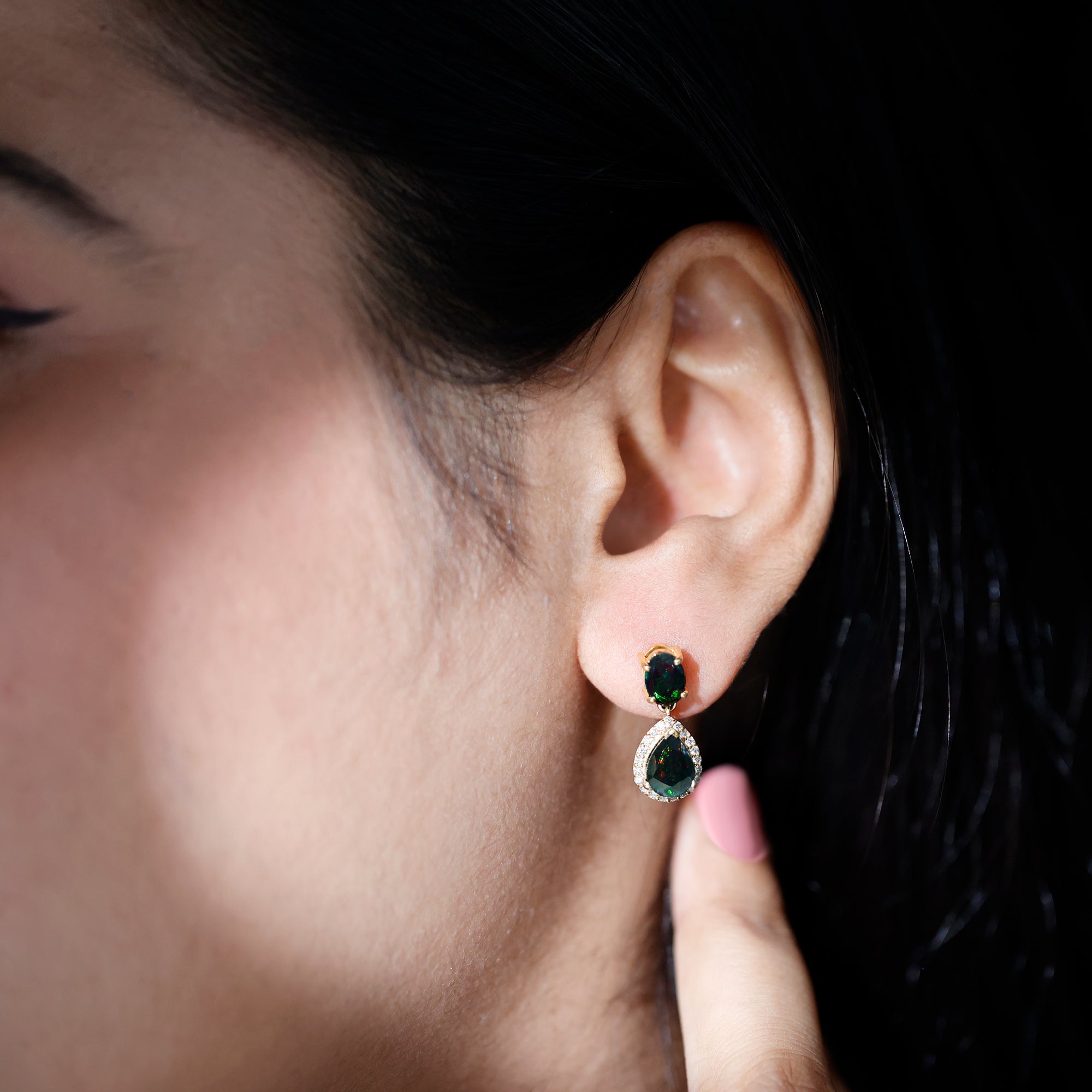 Oval and Pear Shape Black Opal Drop Earrings with Diamond AAA - Rosec Jewels