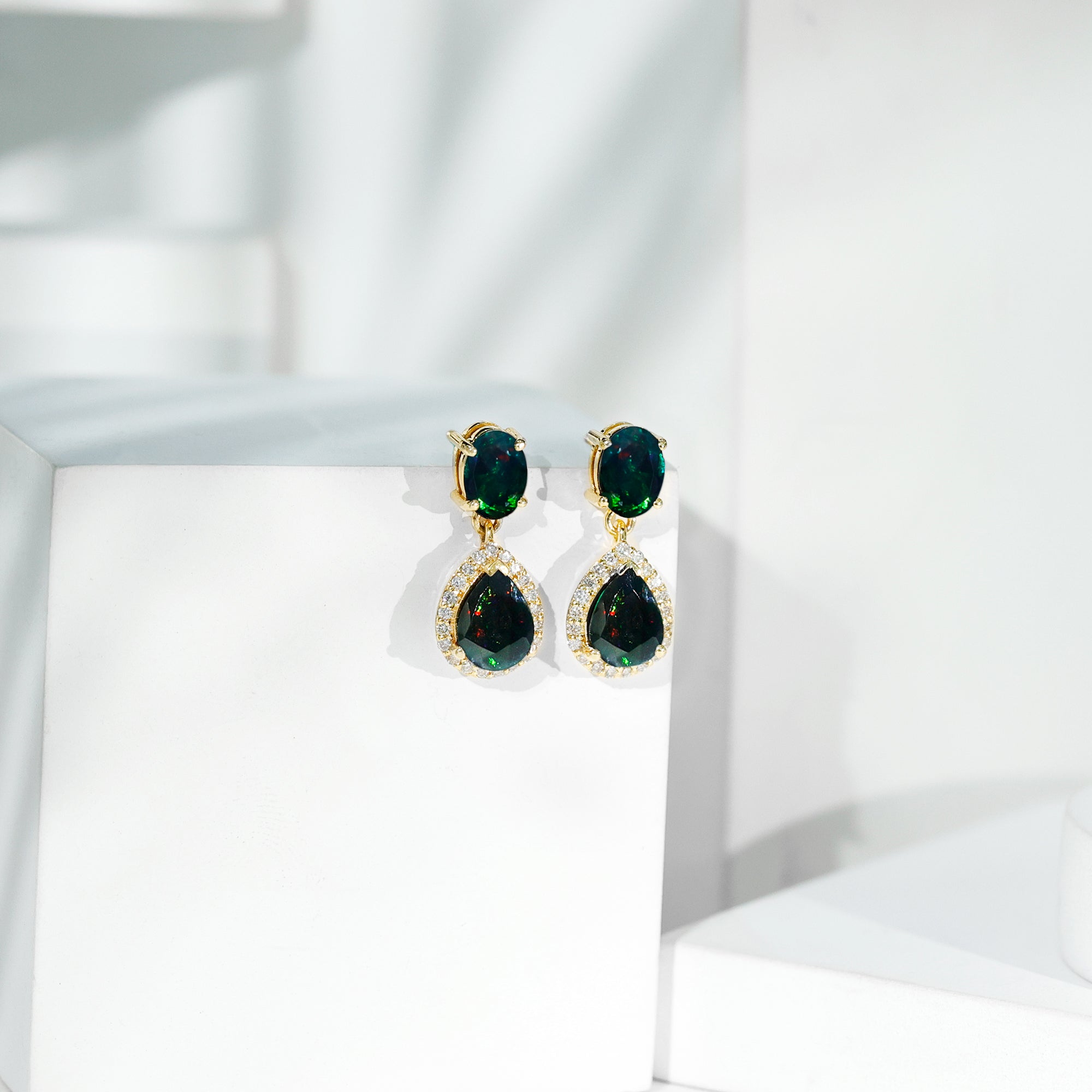 Oval and Pear Shape Black Opal Drop Earrings with Diamond AAA - Rosec Jewels