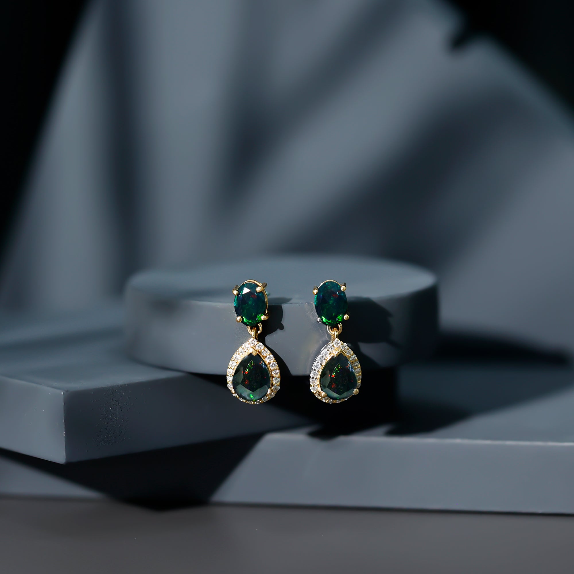 Oval and Pear Shape Black Opal Drop Earrings with Diamond AAA - Rosec Jewels