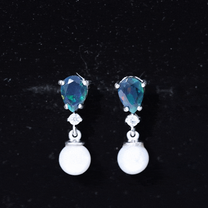 Pear Cut Black Opal and Freshwater Pearl Drop Earrings with Moissanite AAA - Rosec Jewels