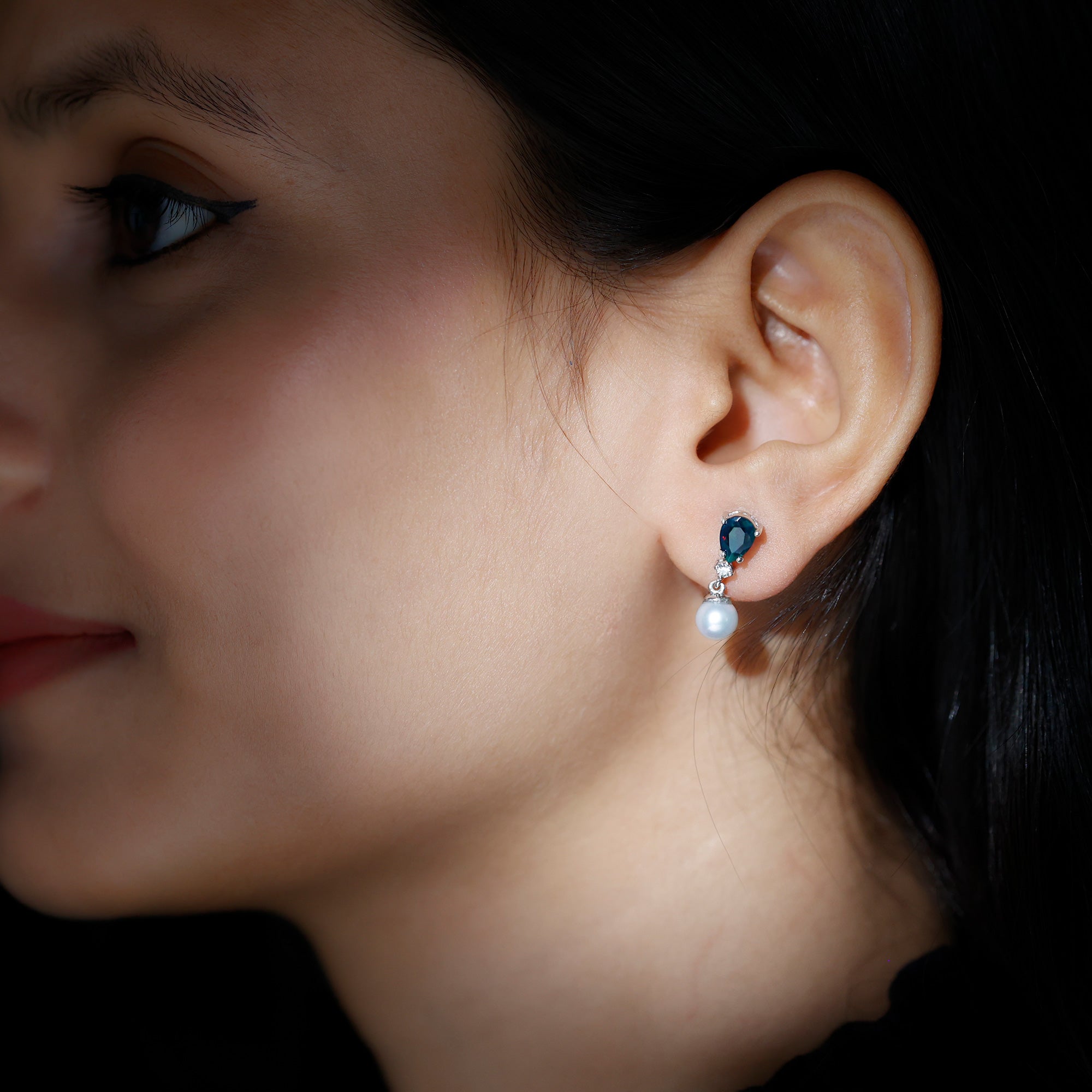 Pear Cut Black Opal and Freshwater Pearl Drop Earrings with Moissanite AAA - Rosec Jewels