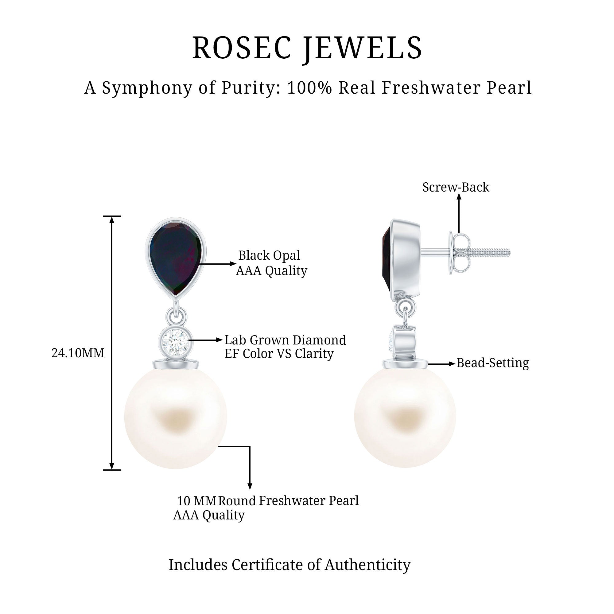 Freshwater Pearl Drop Earrings with Black Opal and Diamond AAA - Rosec Jewels