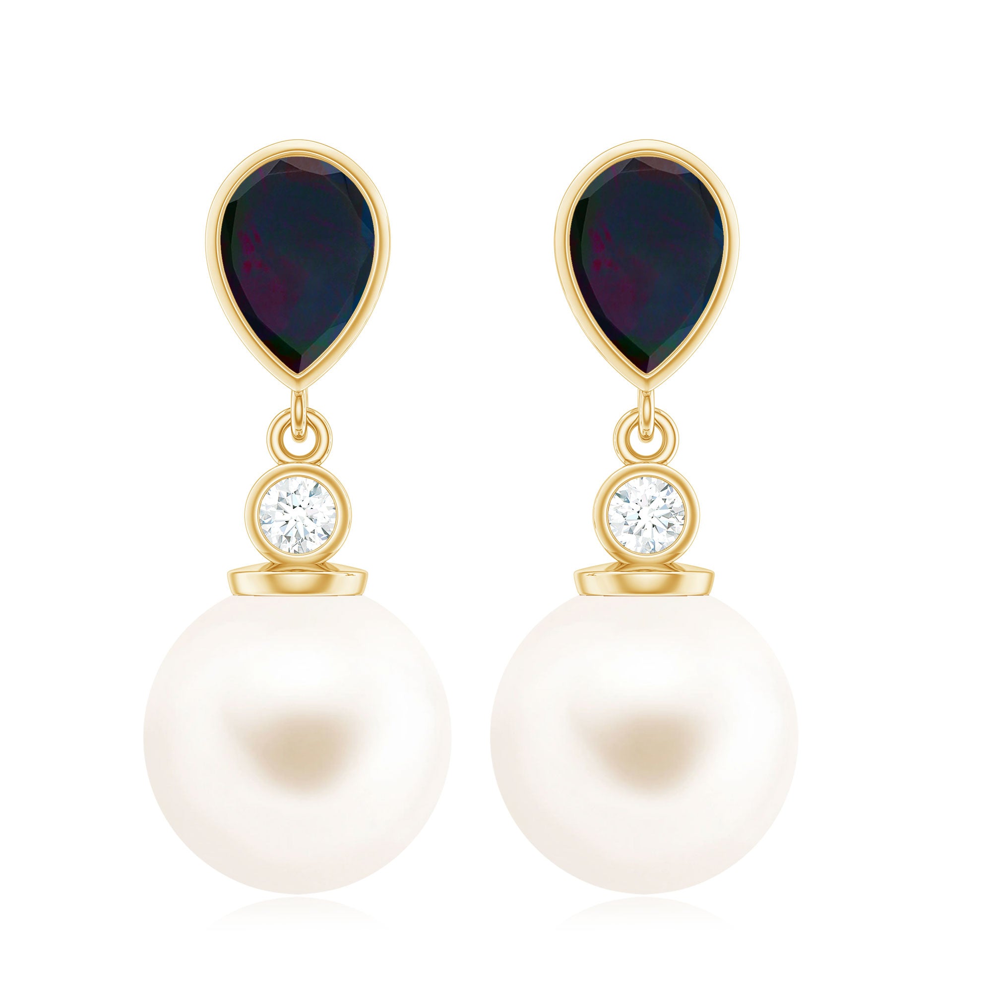 Freshwater Pearl Drop Earrings with Black Opal and Diamond AAA - Rosec Jewels