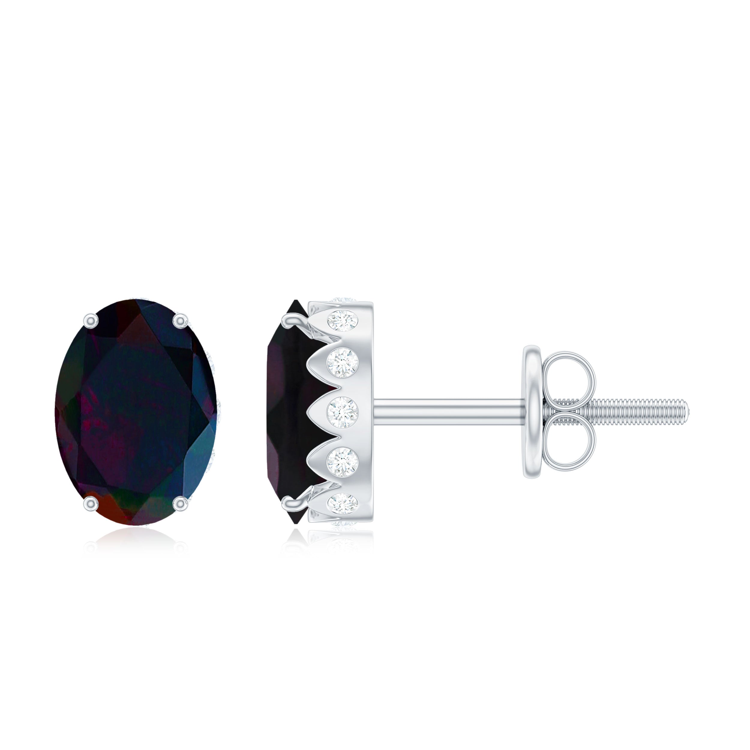2 CT Oval Black Opal Solitaire Stud Earrings with Moissanite