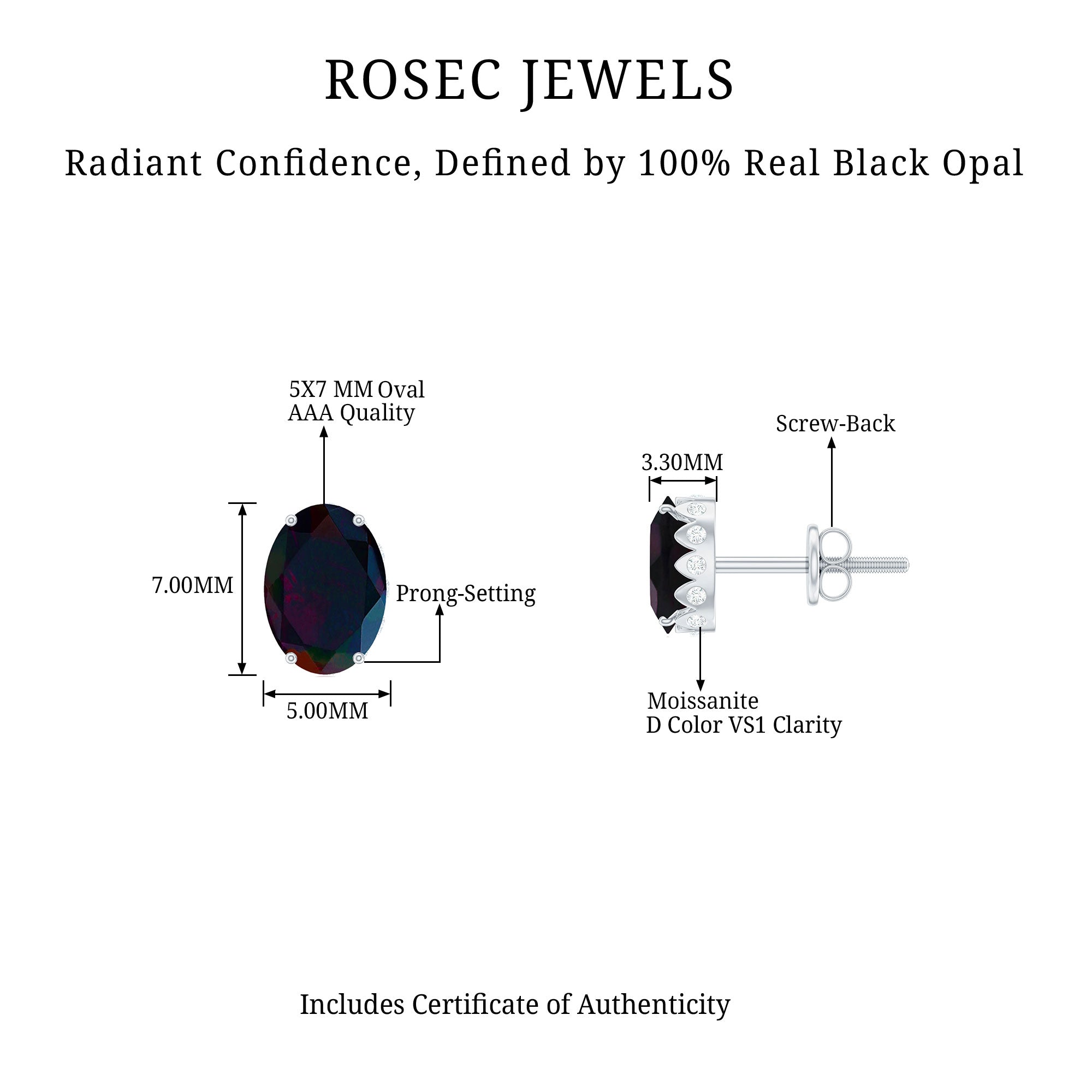 1.8 Carat Oval Black Opal Solitaire Stud Earrings with Diamond AAA - Rosec Jewels