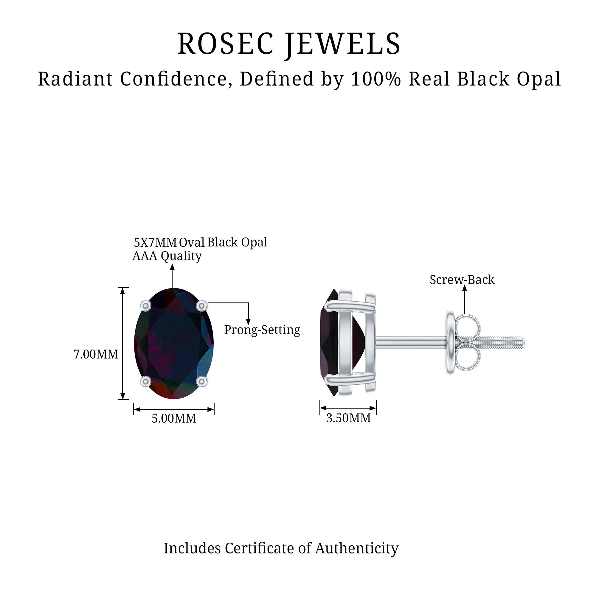 Real Black Opal Solitaire Stud Earrings in 4 Prong Setting AAA - Rosec Jewels