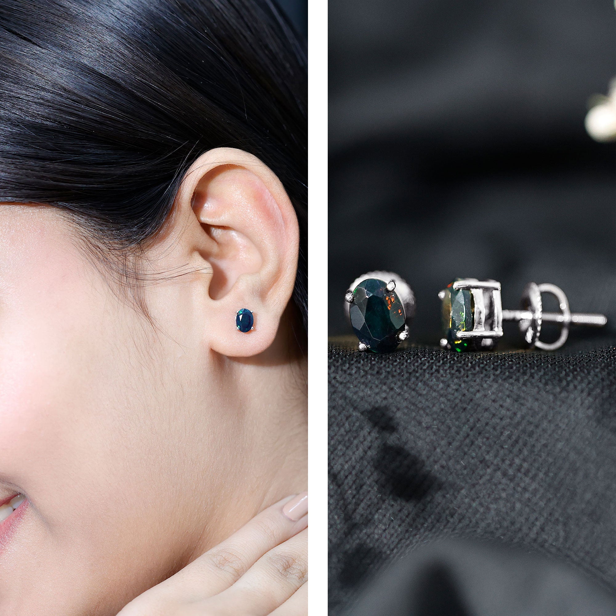 Real Black Opal Solitaire Stud Earrings in 4 Prong Setting AAA - Rosec Jewels